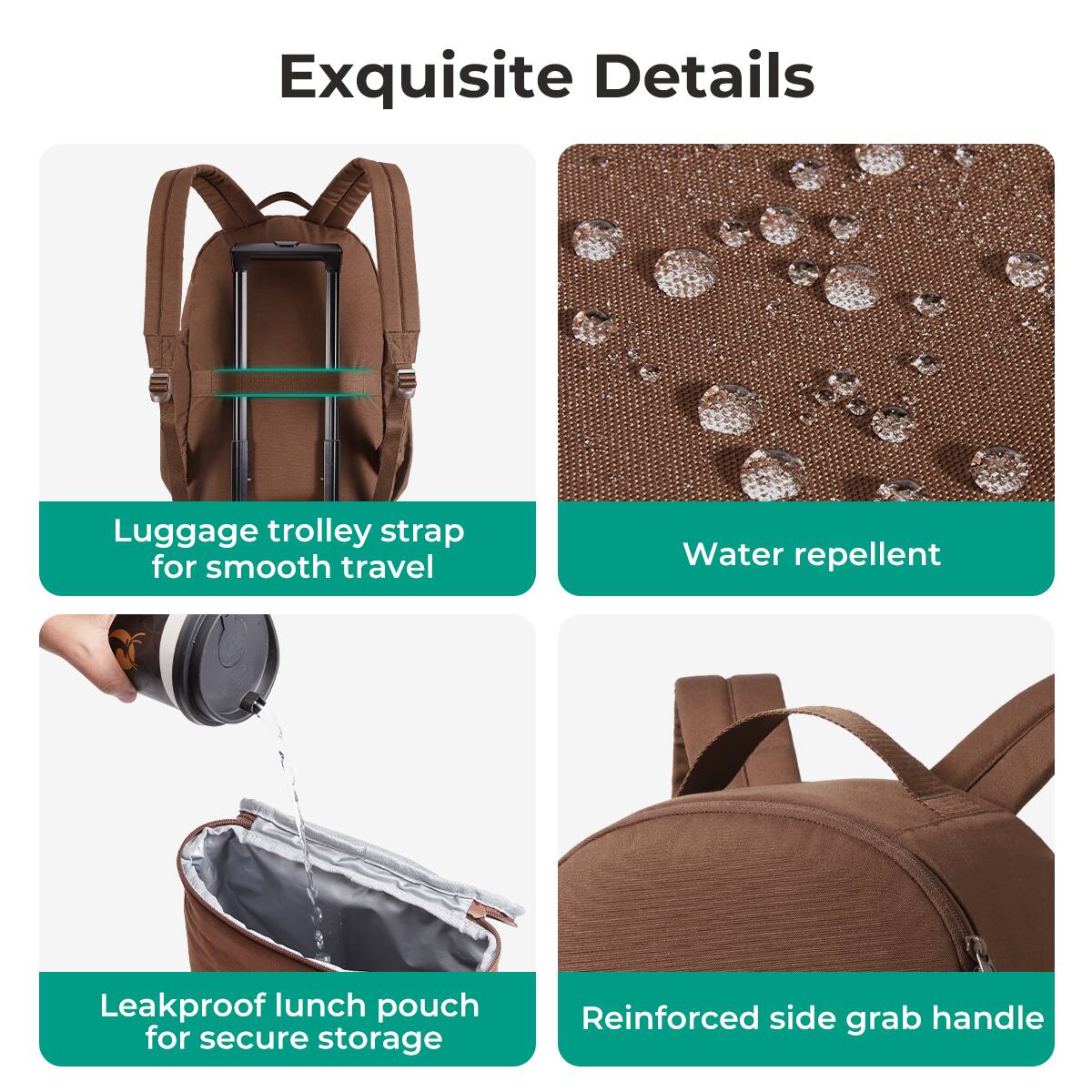 Exquisite Details

- Luggage trolley strap for smooth travel
- Water repellent
- Leakproof lunch pouch for secure storage
- Reinforced side grab handle