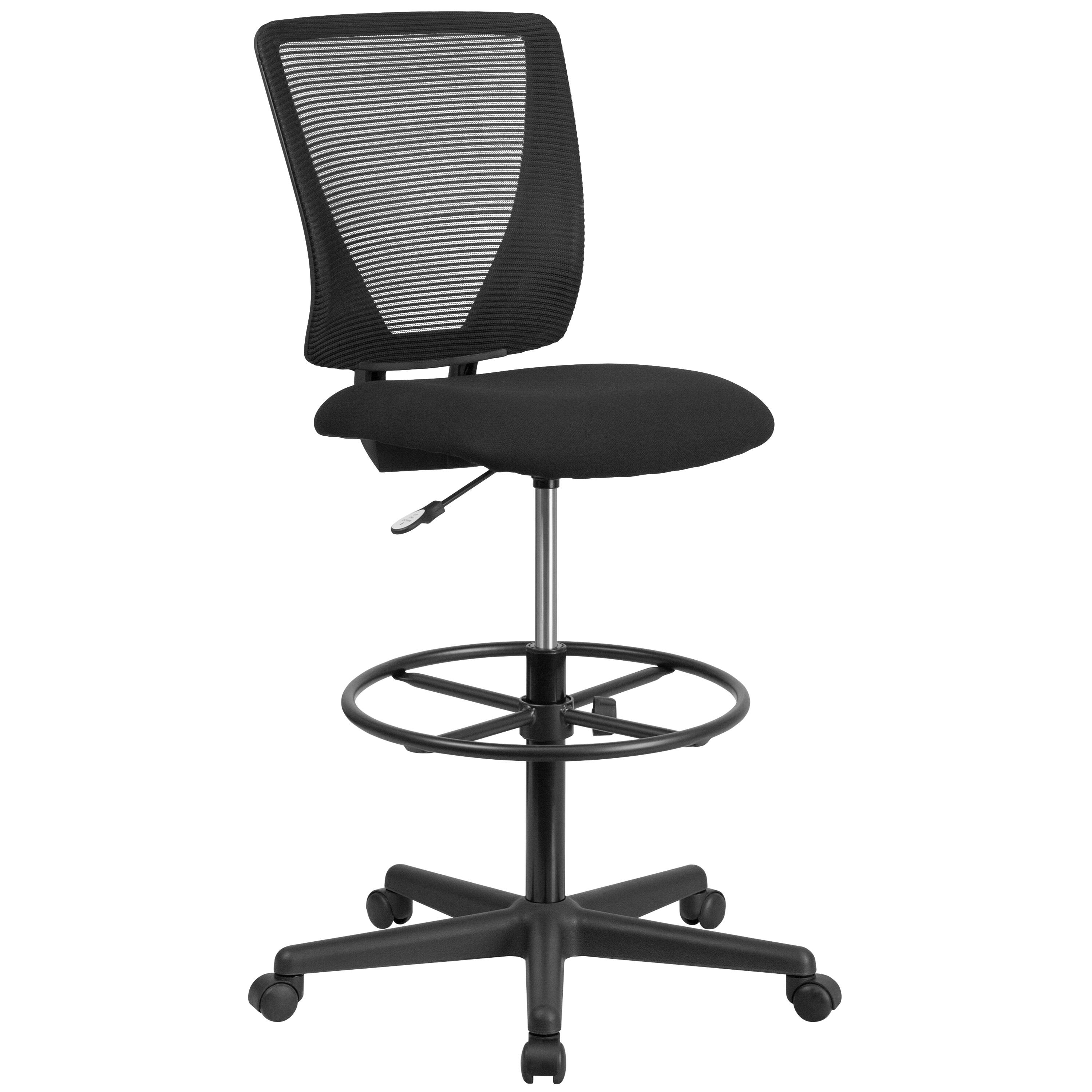 Front. Emma + Oliver - Ergonomic Mid-Back Mesh Drafting Chair with Fabric Seat and Adjustable Foot Ring - Black.