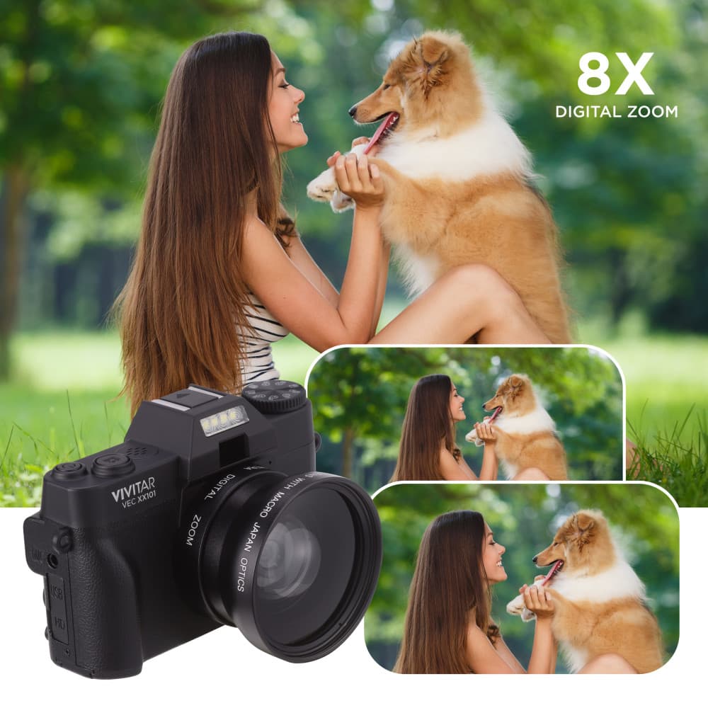 The image features a woman with long hair sitting on the grass, holding a dog. The image is advertising a camera with 8x digital zoom, which is a feature that allows the user to zoom in on distant objects or subjects. The camera is also equipped with a macro zoom, which enables the user to capture close-up shots of small objects or subjects. The advertisement is promoting the camera as a high-quality, versatile device for capturing various types of images, including those of the woman and her dog in the image.