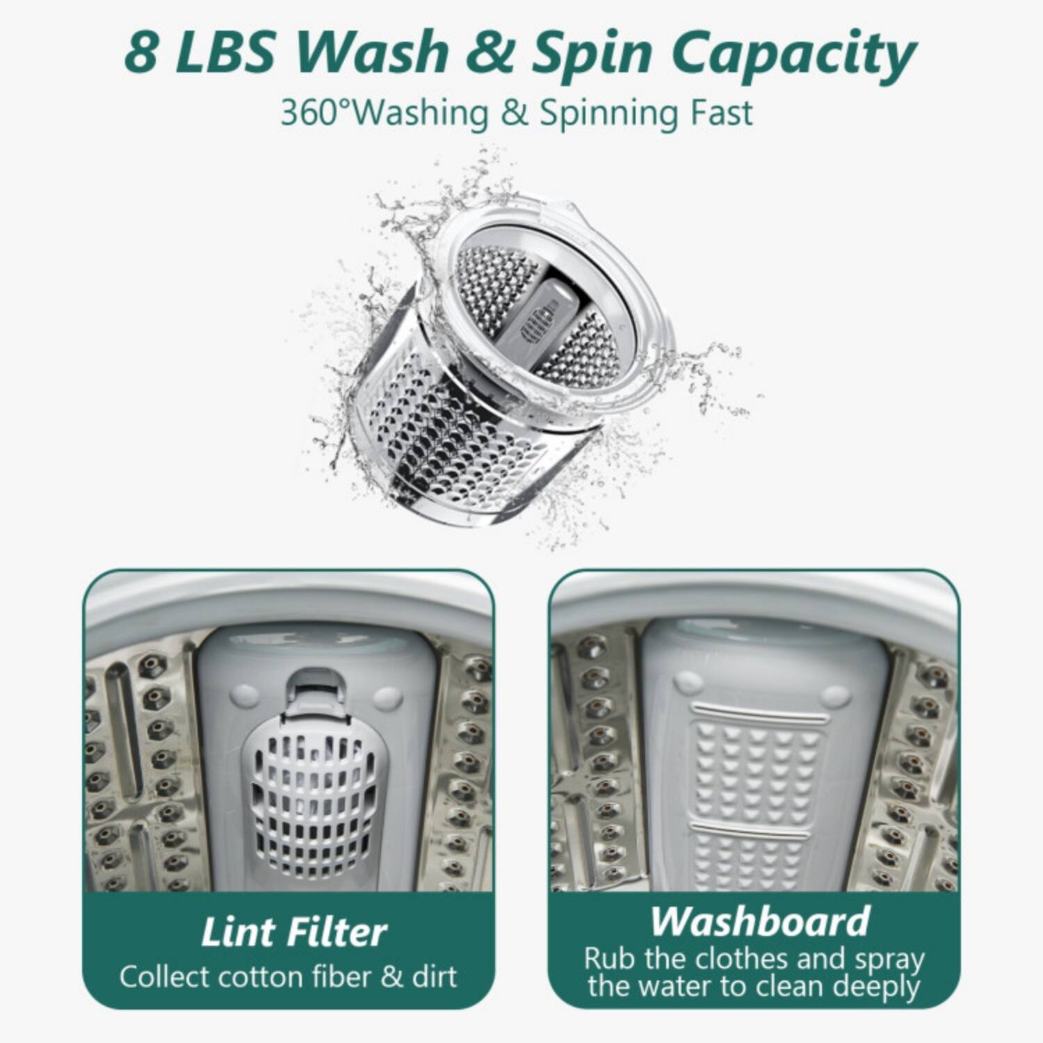 8 LBS Wash & Spin Capacity  
360° Washing & Spinning Fast  

Lint Filter  
Collect cotton fiber & dirt  

Washboard  
Rub the clothes and spray the water to clean deeply