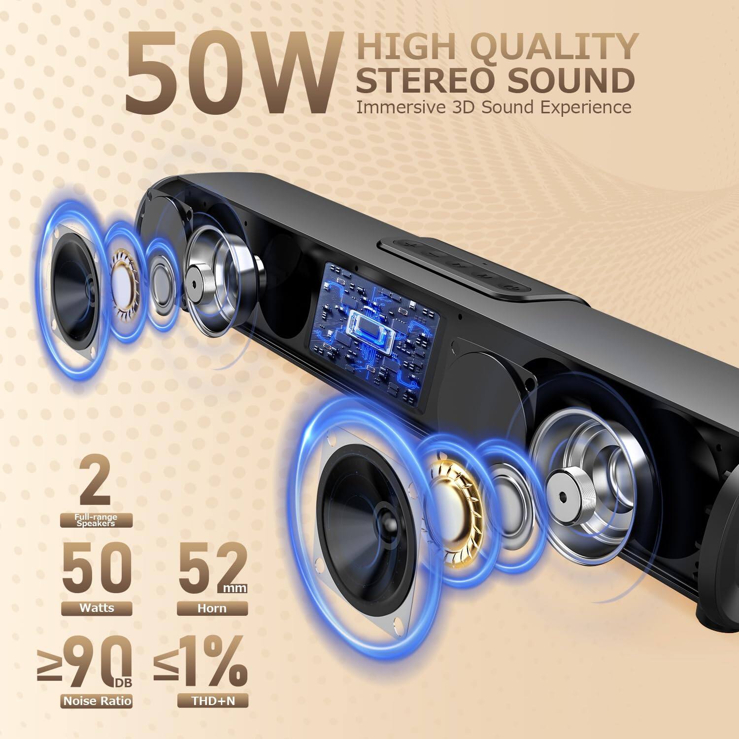 Sure, here is the corrected and grouped text from the image:

---

**50W**

**HIGH QUALITY STEREO SOUND**  
Immersive 3D Sound Experience

- **2 Full-range Speakers**
- **50 Watts**
- **52 mm Horn**
- **≥90 dB** Noise Ratio
- **≤1%** THD+N

---
