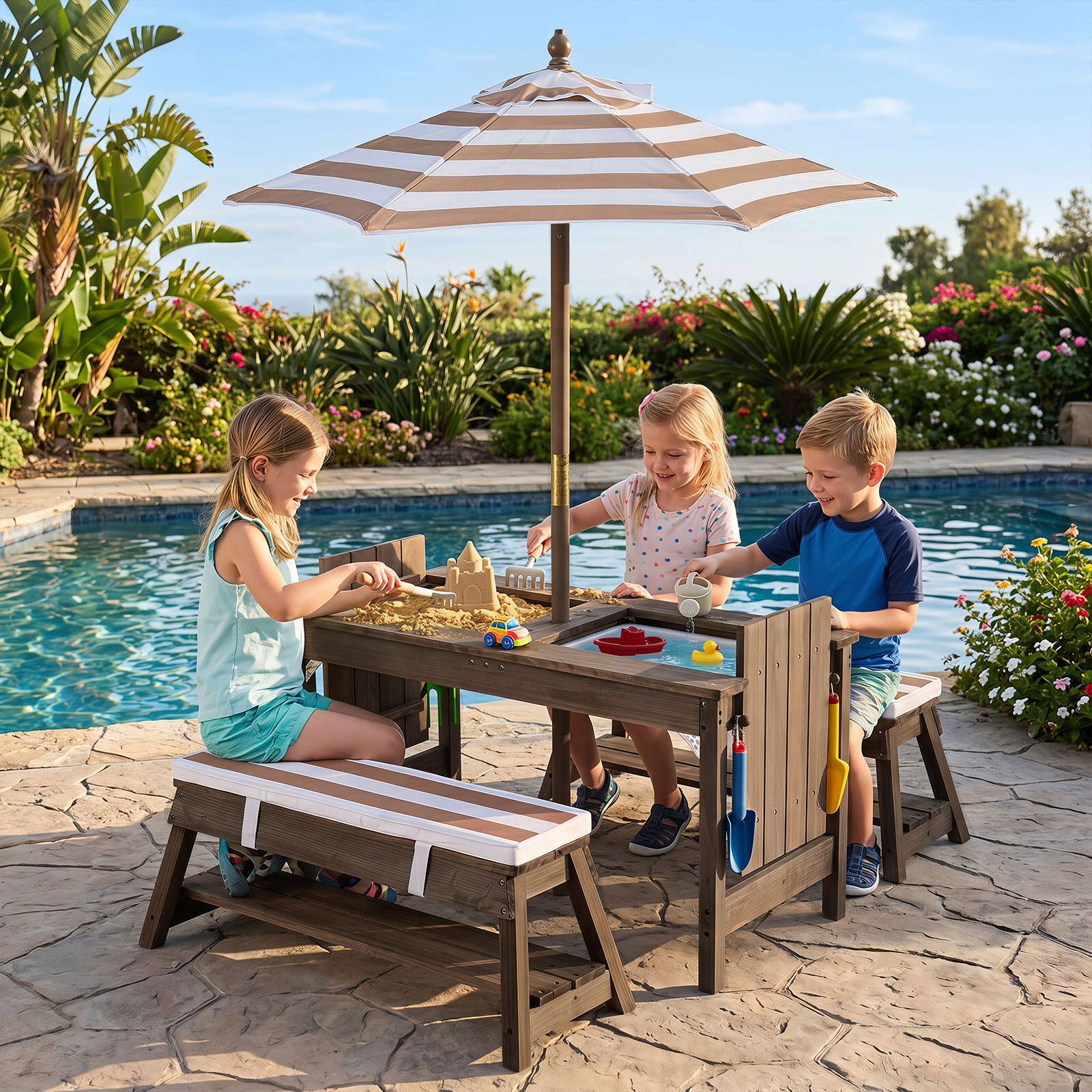 Alt View 3. Costway - Costway Kids Picnic Table & Benches Set with Adjustable Umbrella, Removable Cushions, Boxes - Brown.