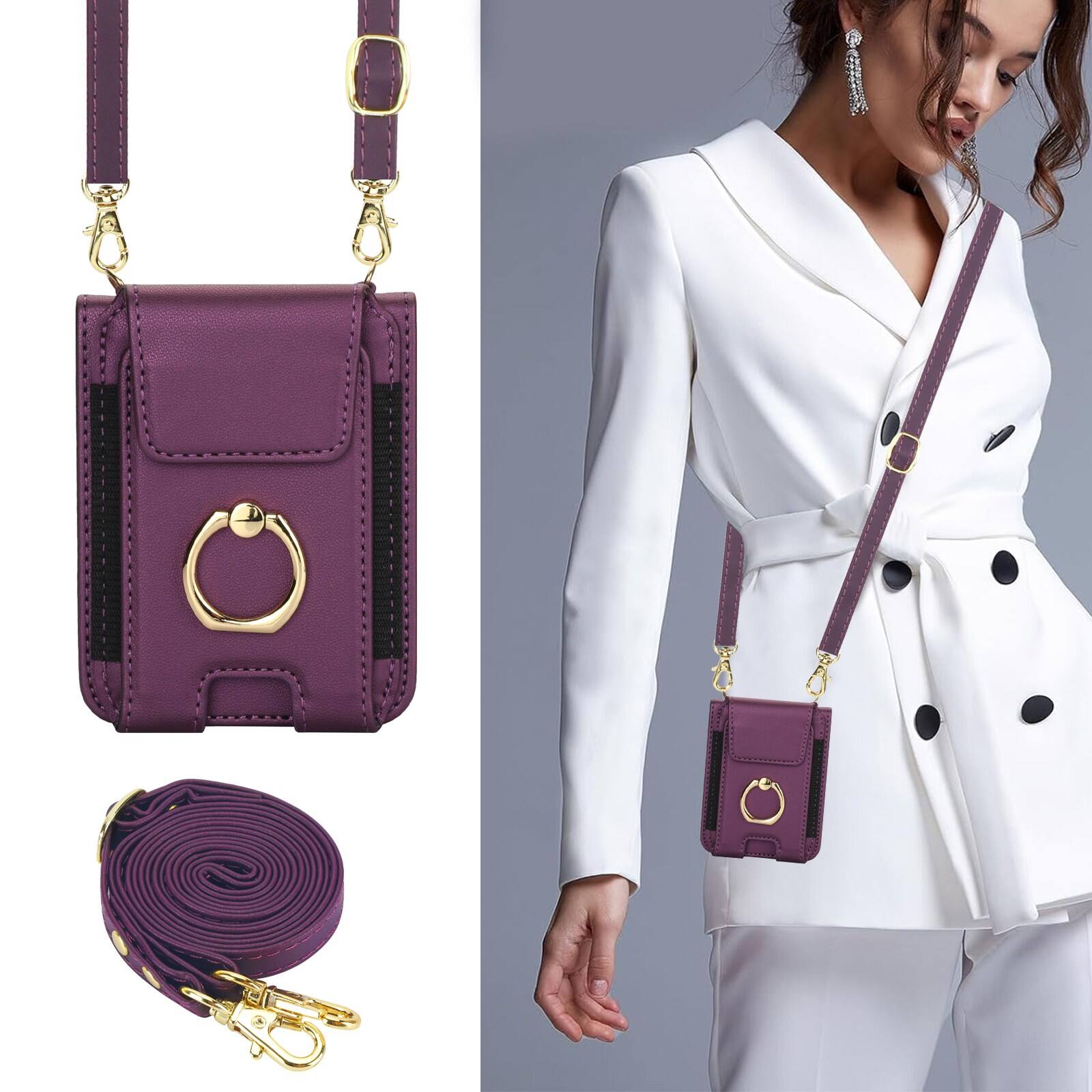 Left. Dteck - For Motorola Razr (2024) Shockproof Leather Ring Kickstand Protective Wallet Case with Shoulder Strap / Lanyard - Darkpurple.