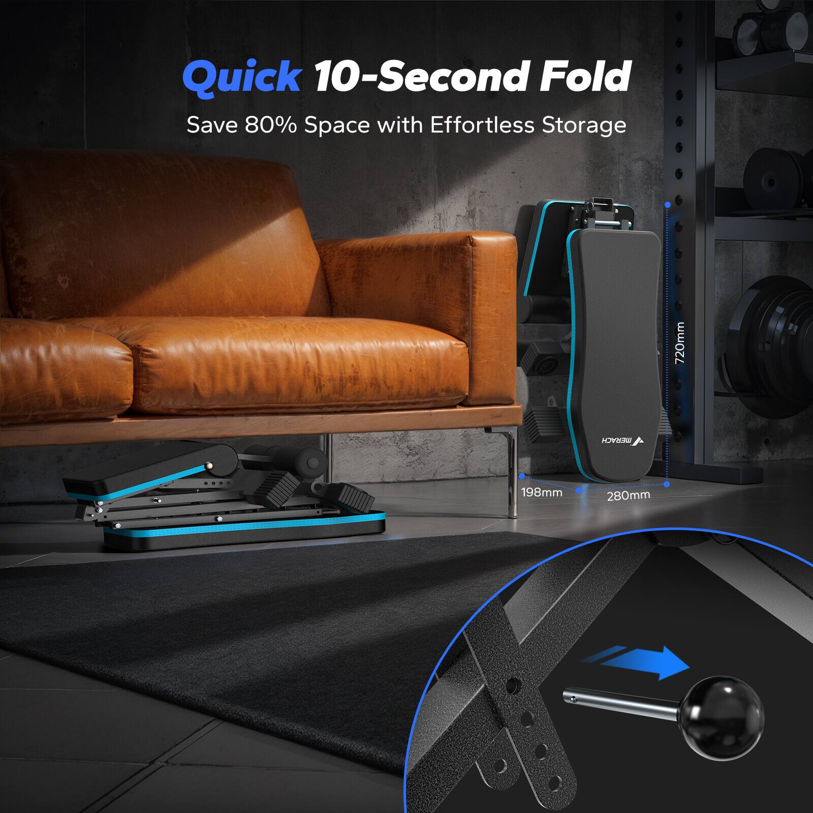 Quick 10-Second Fold  
Save 80% Space with Effortless Storage  

BERACH  
720mm  
198mm  
280mm