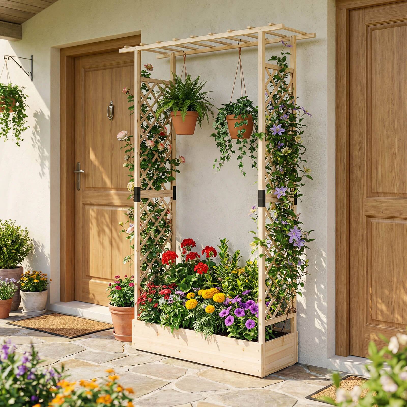 Alt View 3. Costway - Costway 1 PCS 89" Wooden Raised Garden Bed with Trellis & Hanging Roof, Drainage Holes for Patio - Natural.