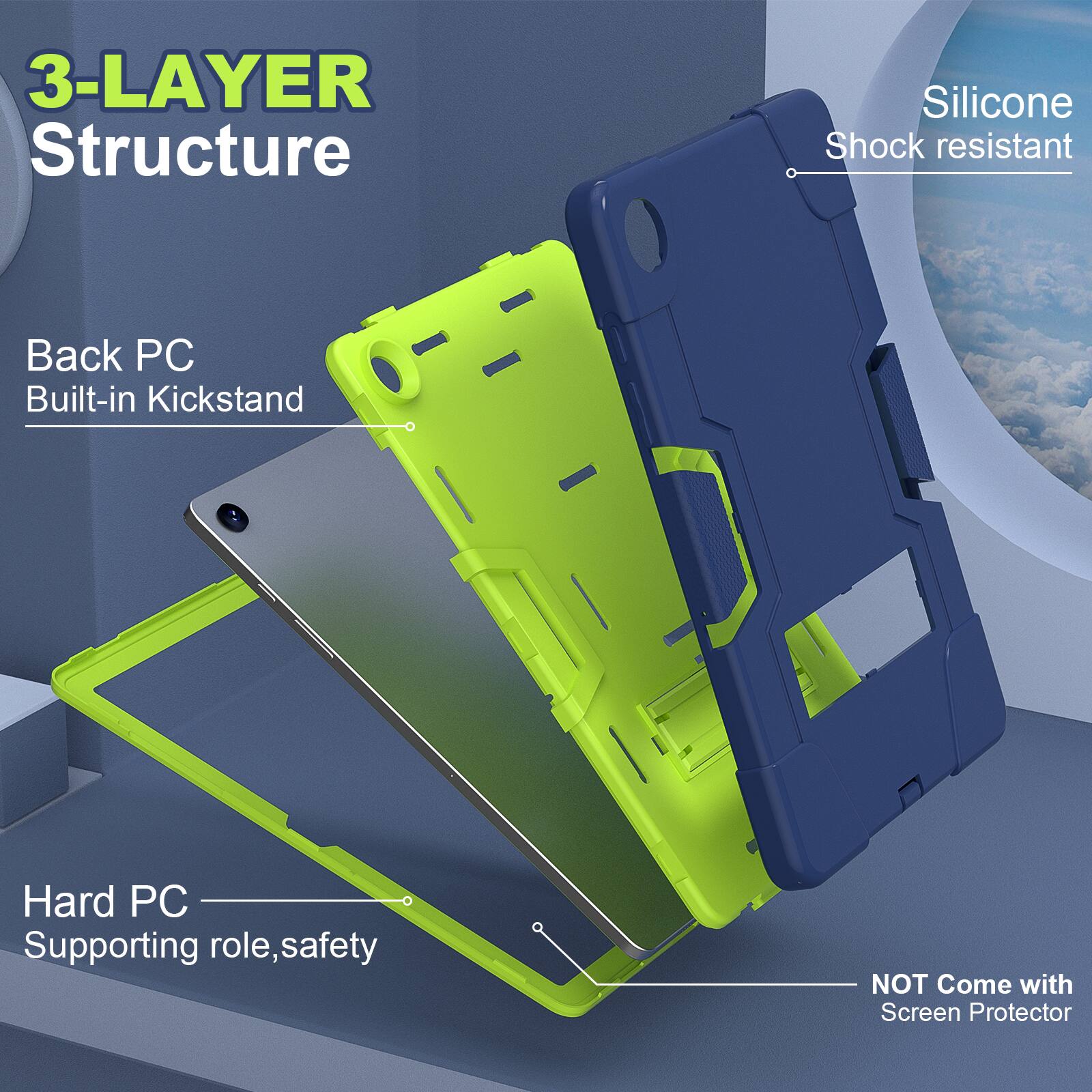 3-LAYER Structure Silicone Shock resistant Back PC Built-in Kickstand Hard PC Supporting role, safety NOT Come with Screen Protector