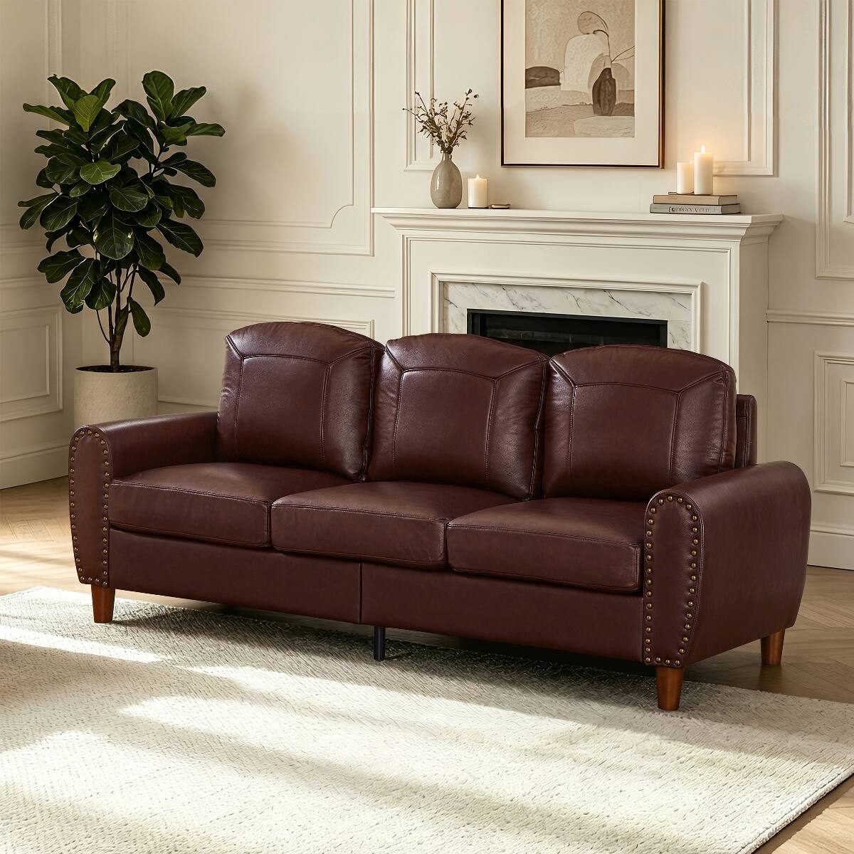 Angle. Ropilly - Ropilly 81.5 Inch Faux Leather Sofa, Burgundy 3 Seat Rolled Arm Couch with Solid Wood Legs - Burgundy.