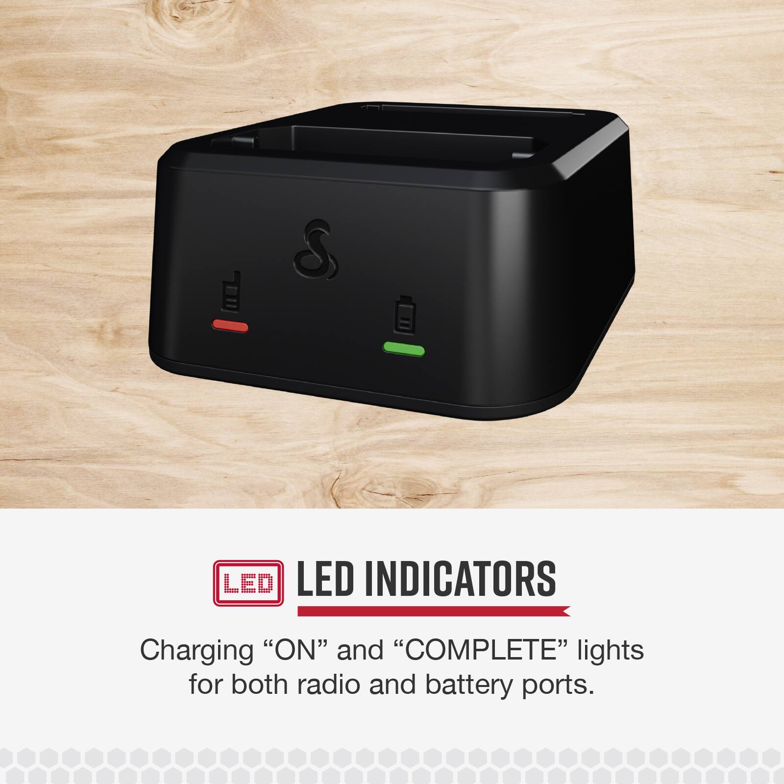 LED Indicators Charging "ON" and "COMPLETE" lights for both radio and battery ports.