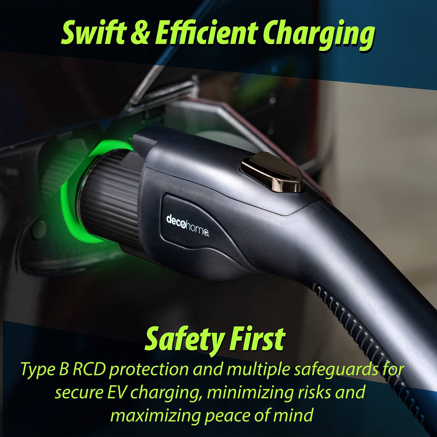 Swift & Efficient Charging

Safety First

Type B RCD protection and multiple safeguards for secure EV charging, minimizing risks and maximizing peace of mind