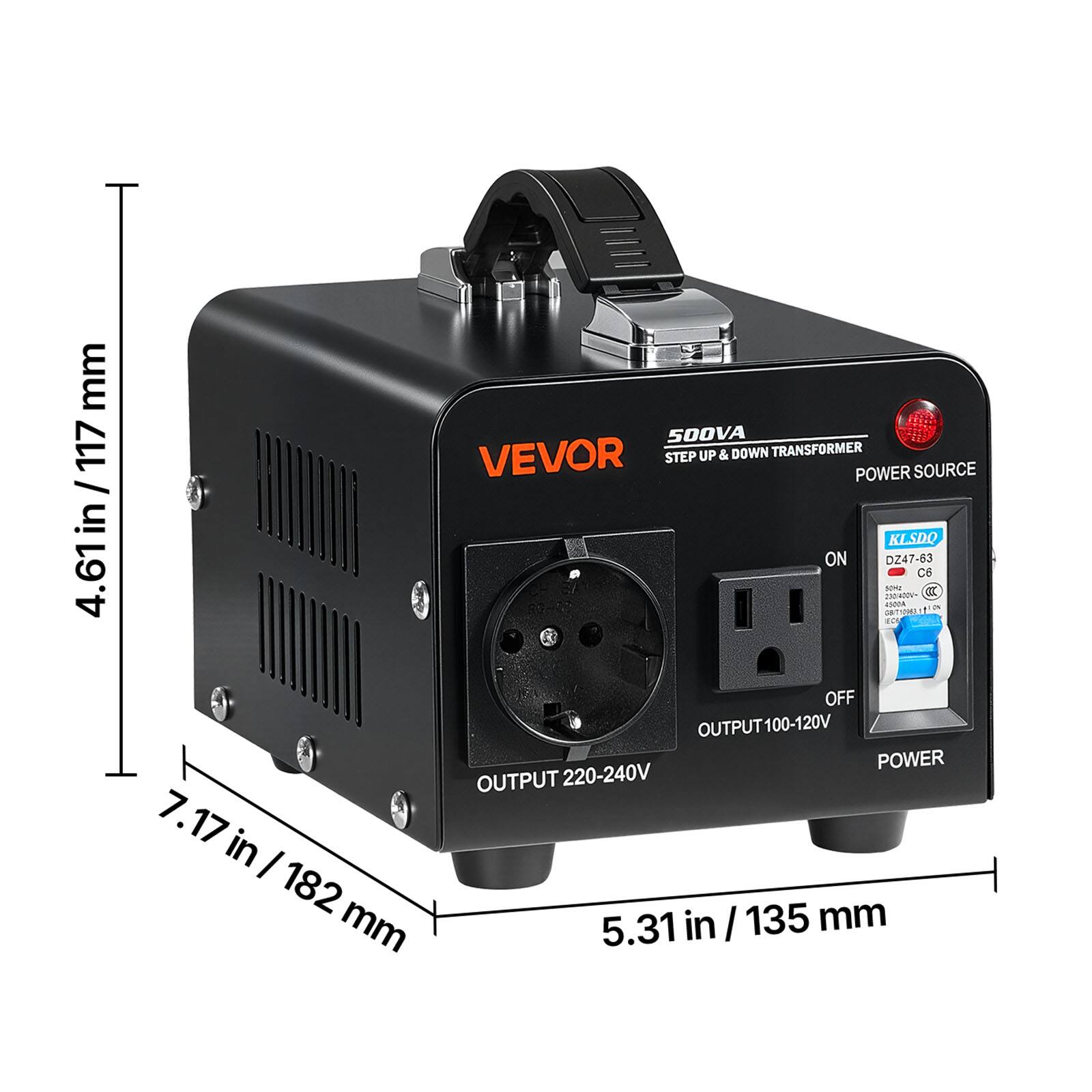 mm 117 / 4.61 in / 117  
500VA VEVOR STEP UP & DOWN TRANSFORMER POWER SOURCE KLSDQ ON DZ47-63 C6 50H: a 230)400V+ 4500A 2% GBIT10963 it ECA OFF OUTPUT100-120V POWER OUTPUT 220-240V 7.17 in I 182 mm in / 135 mm 5.31
