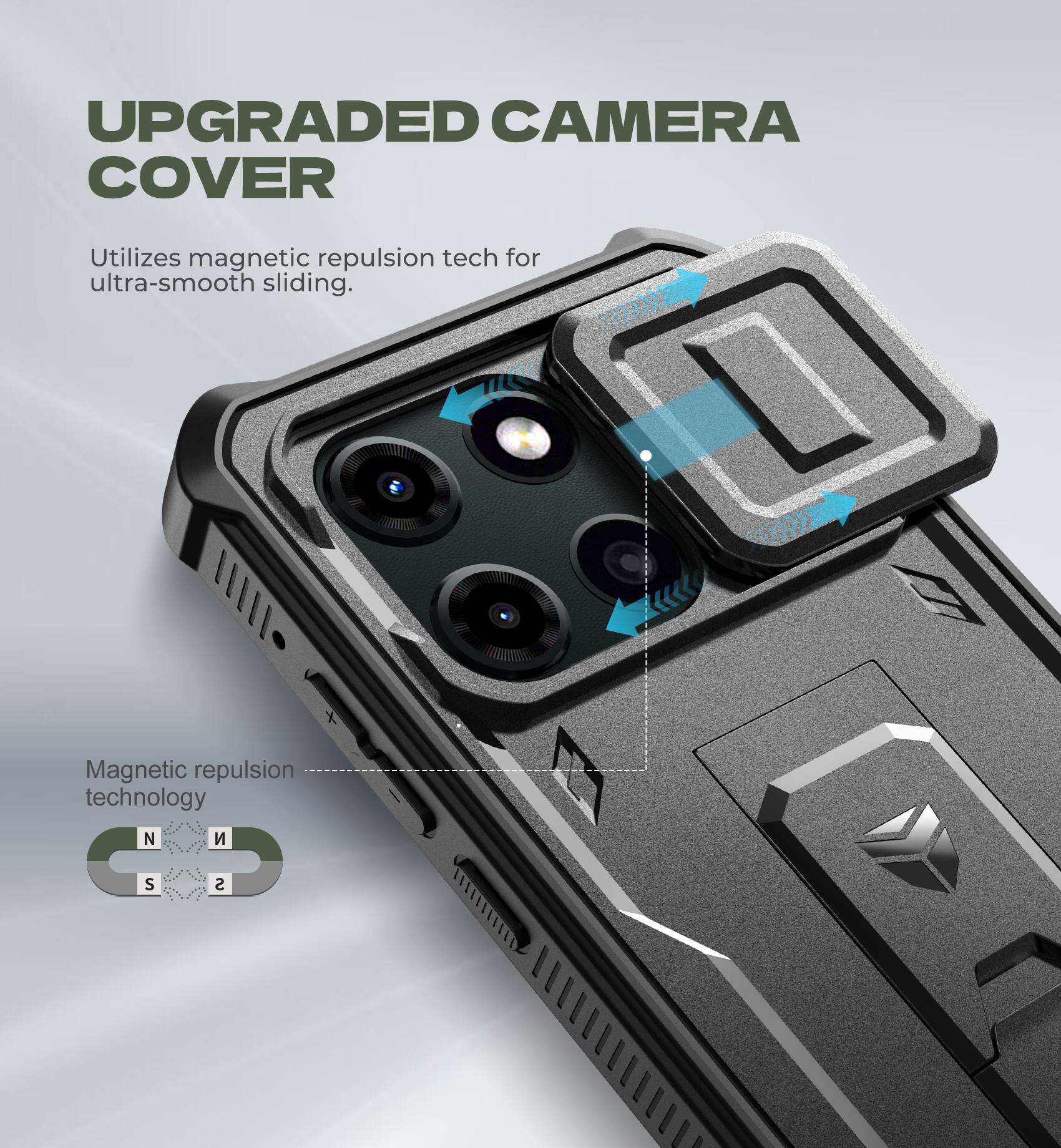 UPGRADED CAMERA COVER  
Utilizes magnetic repulsion tech for ultra-smooth sliding.  

Magnetic repulsion technology