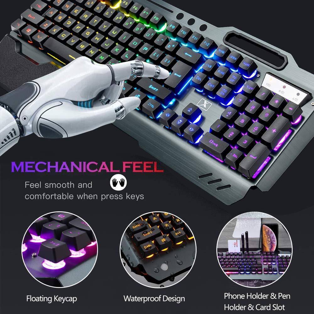MECHANICAL FEEL  
Feel smooth and comfortable when press keys

Floating Keycap  
Waterproof Design  
Phone Holder & Pen Holder & Card Slot
