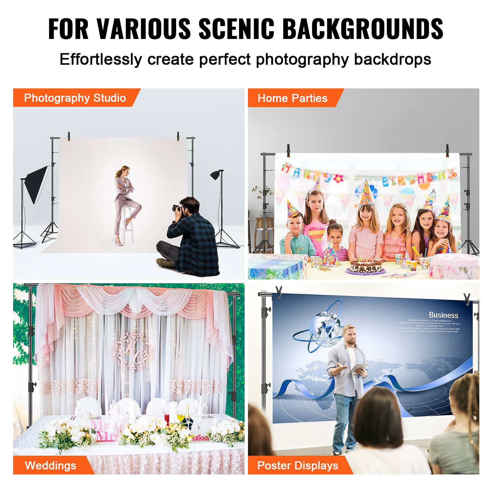 FOR VARIOUS SCENIC BACKGROUNDS  
Effortlessly create perfect photography backdrops  

Photography Studio  
Home Parties  
Weddings  
Poster Displays  

Business