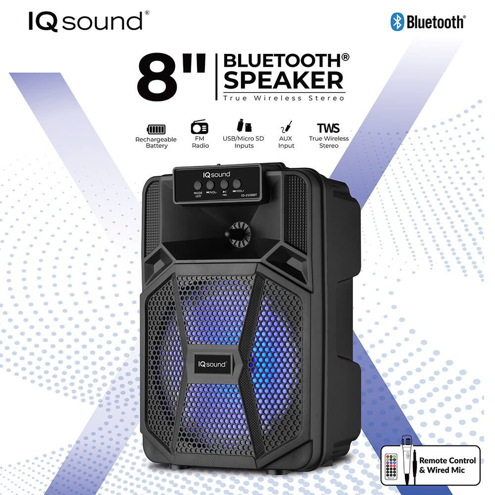 IQ sound 8" BLUETOOTH SPEAKER Wireless Stereo TWS Rechargeable FM USB/Micro SD AUX True Wireless Battery Radio inputs input Stereo Bluetooth IQ sound Remote Control & Wired Mic