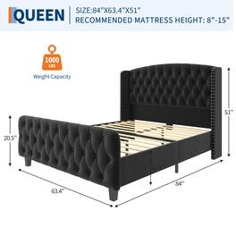 GARVEE - Bed Frame with Deep Button Tufted Wingback Headboard and Footboard, Velvet Upholstered Platform Bed Frame - Black
