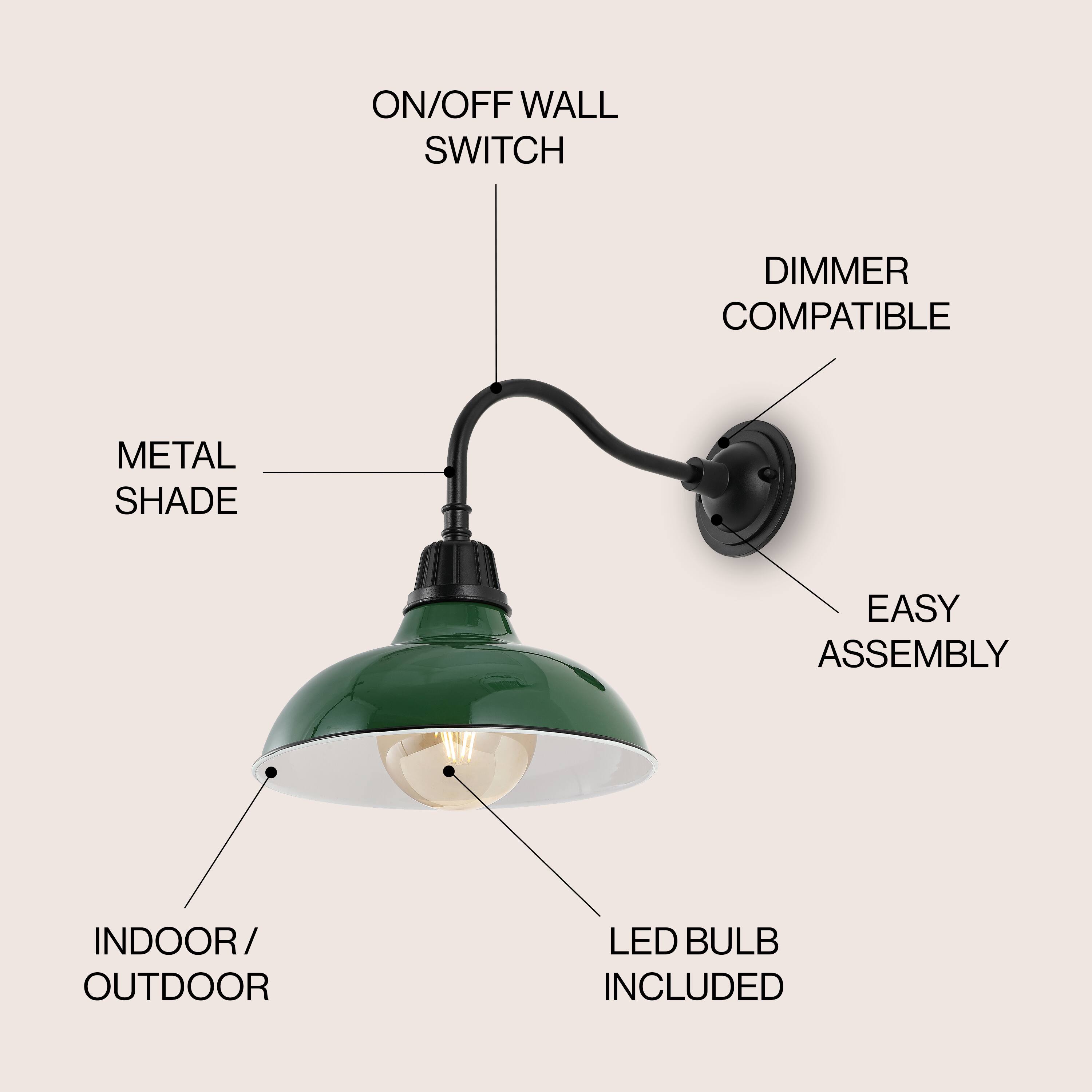 ON/OFF WALL SWITCH DIMMER COMPATIBLE METAL SHADE EASY ASSEMBLY INDOOR/OUTDOOR LED BULB INCLUDED