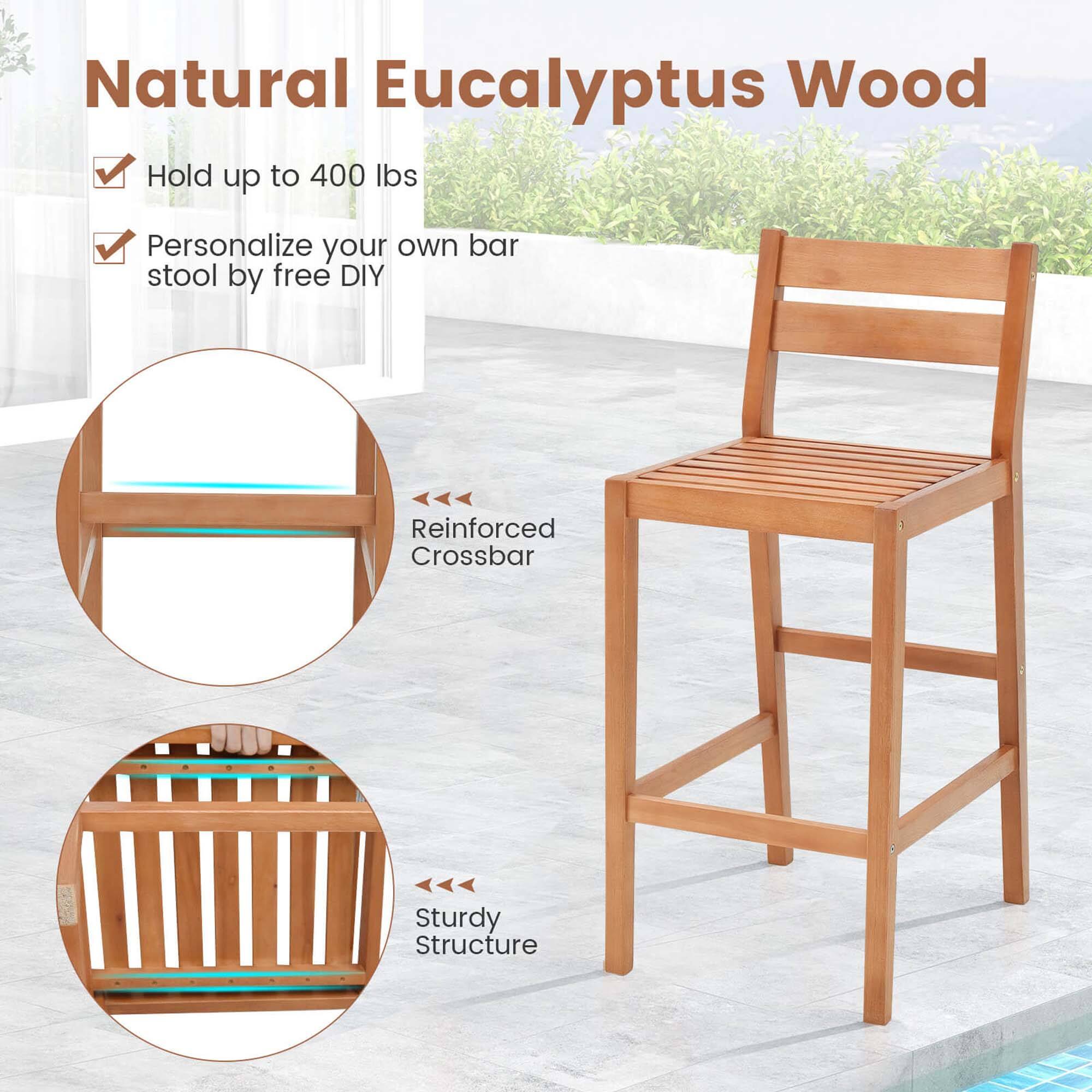 Natural Eucalyptus Wood, Hold up to 400 lbs, Personalize your own bar stool by free DIY, Reinforced Crossbar, Sturdy Structure