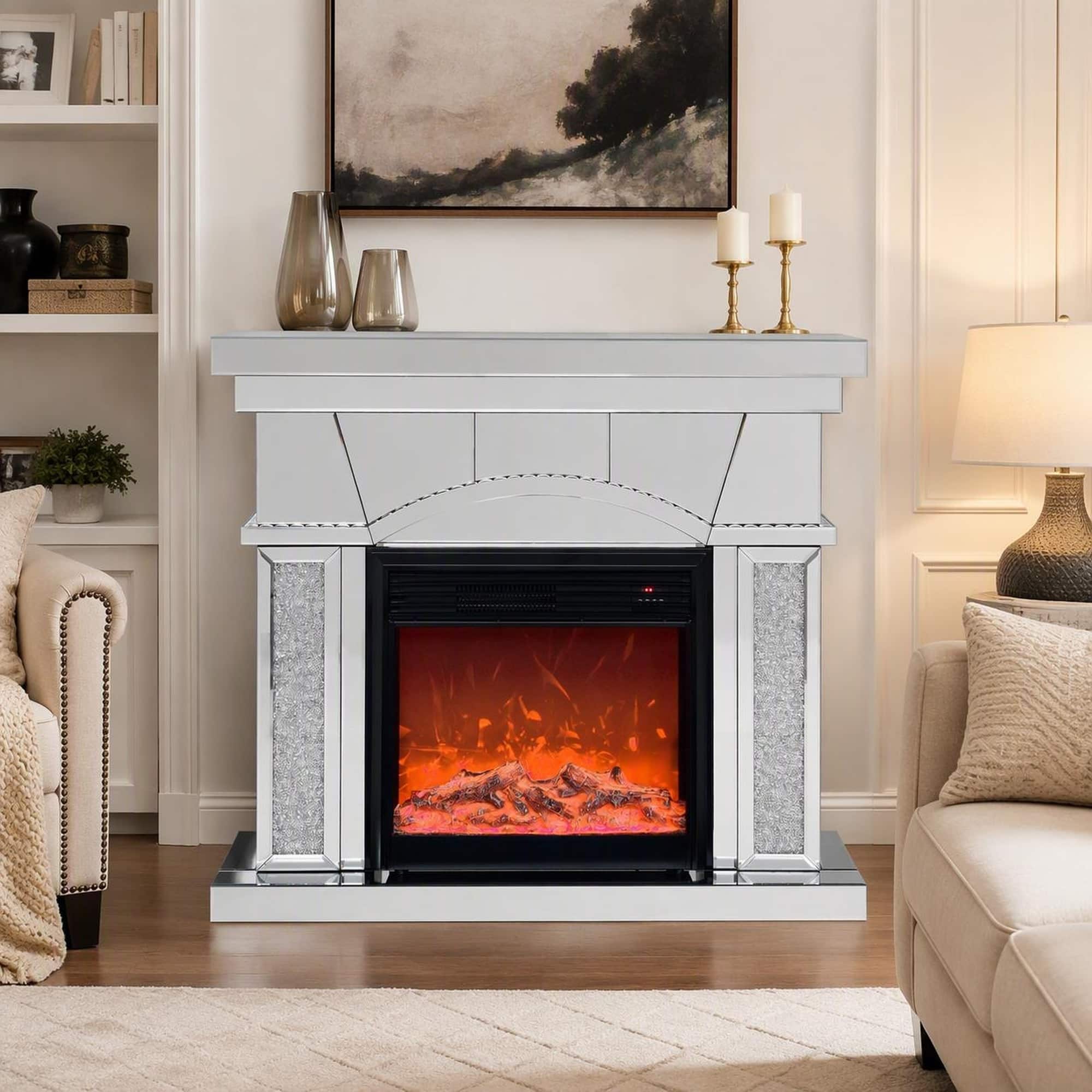 RYHNUYNE - 46-Inch Electric Fireplace Media Console with Dome Door, Mirror Finish & Crystal Accents, 3D LED Flame Effect - Silver