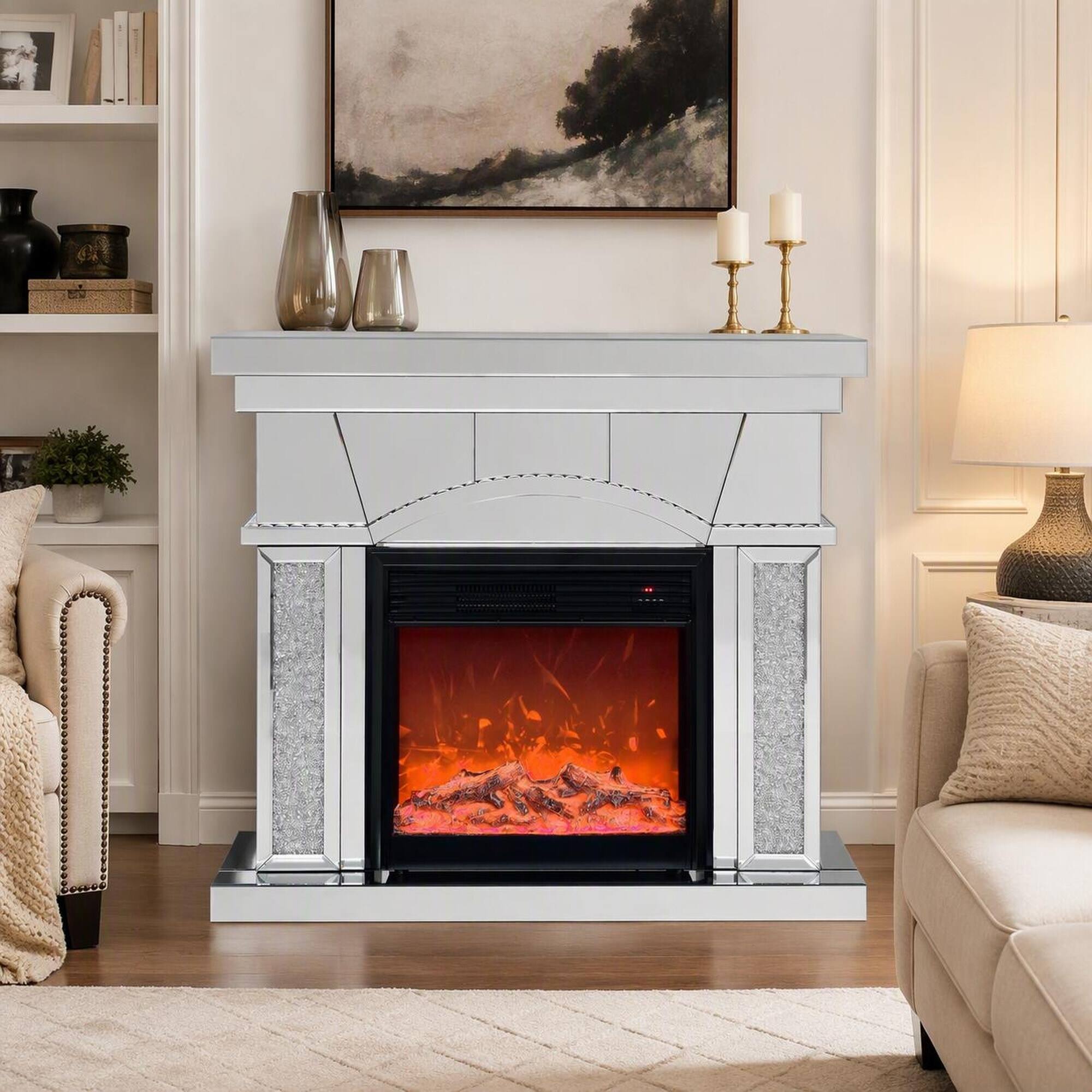 Front. RYHNUYNE - 46-Inch Electric Fireplace Media Console with Dome Door, Mirror Finish & Crystal Accents, 3D LED Flame Effect - Silver.