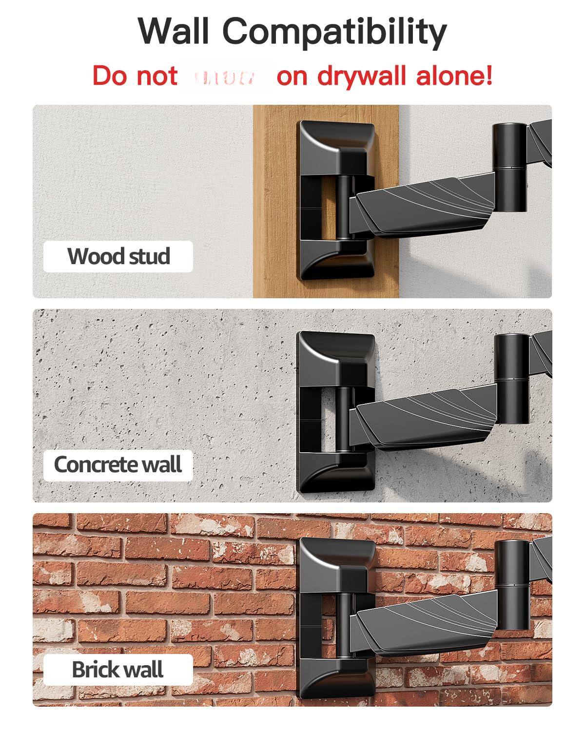 Wall Compatibility  
Do not mount on drywall alone!  

Wood stud  
Concrete wall  
Brick wall