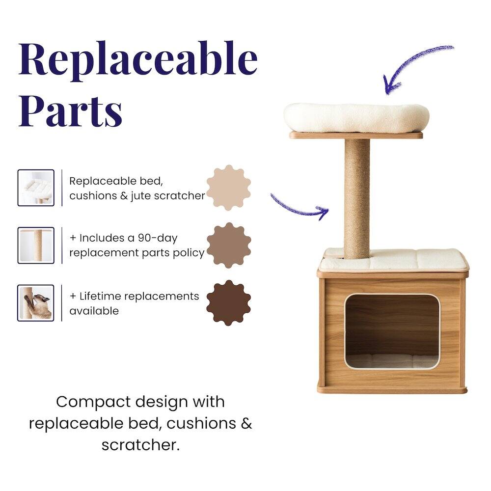 Replaceable Parts  
- Replaceable bed, cushions & jute scratcher  
- Includes a 90-day replacement parts policy  
- Lifetime replacements available  

Compact design with replaceable bed, cushions & scratcher.
