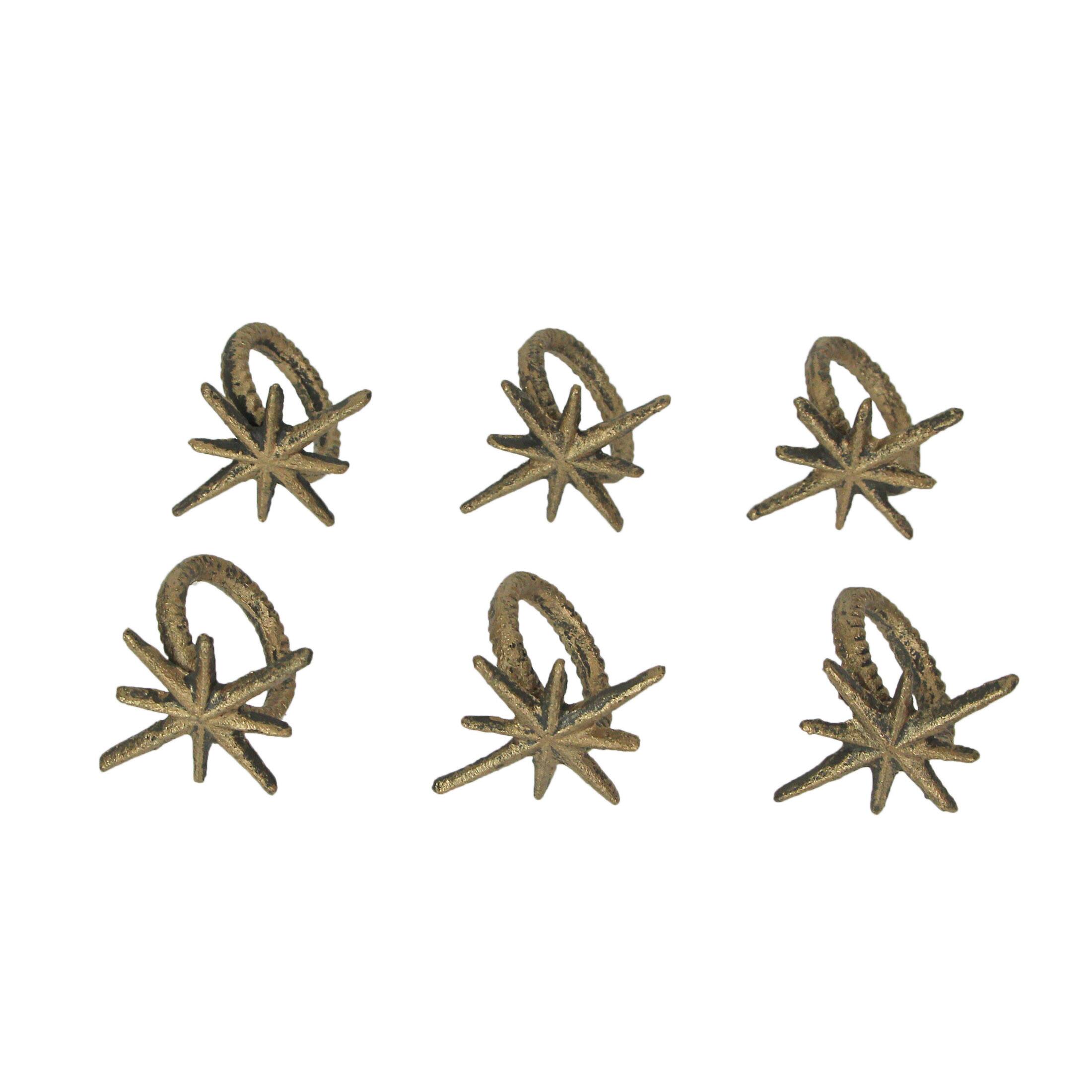 Front. Zeckos - Set of 6 Gold Cast Iron Mid Century Modern Starburst Napkin Rings Dining Decor - Gold.