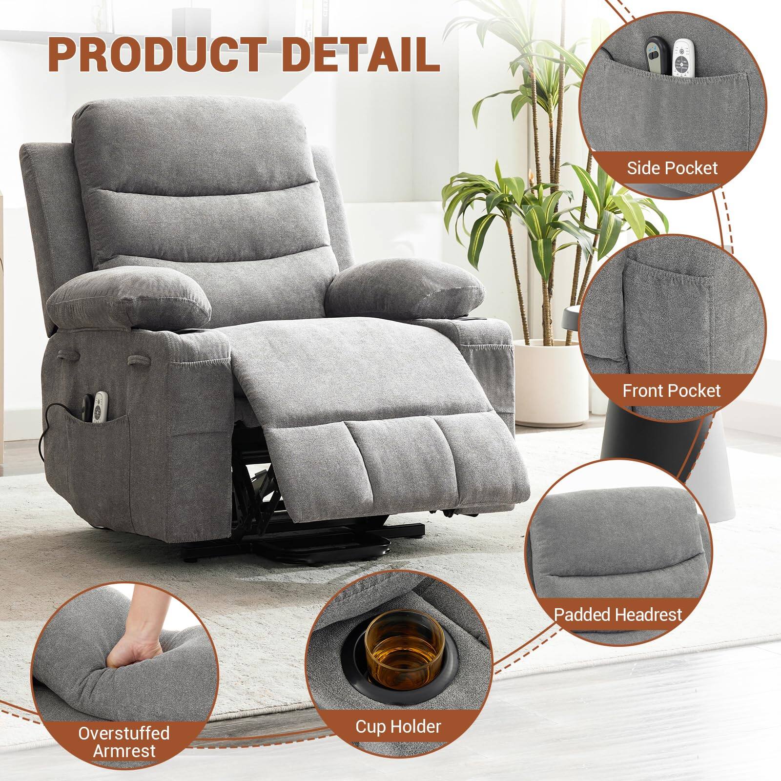 PRODUCT DETAIL

- Side Pocket
- Front Pocket
- Padded Headrest
- Overstuffed Armrest
- Cup Holder