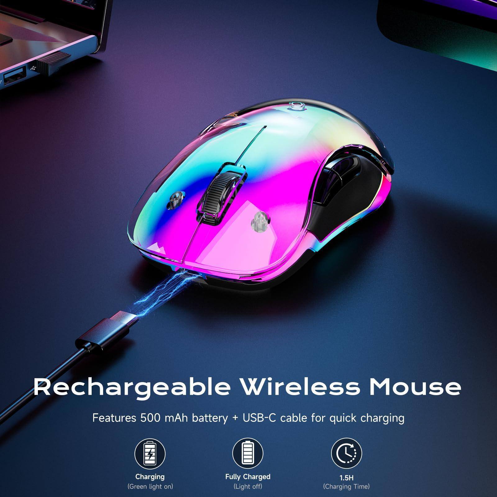 Rechargeable Wireless Mouse

Features 500 mAh battery + USB-C cable for quick charging

- Charging (Green light on)
- Fully Charged (Light off)
- 1.5H (Charging Time)