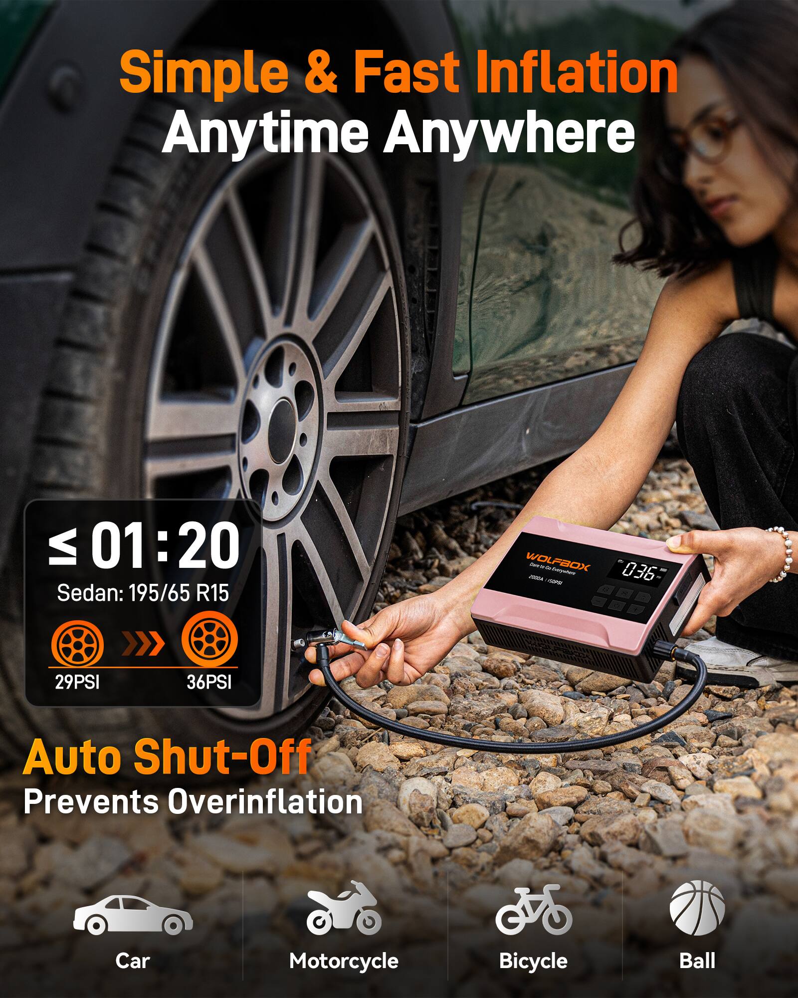 Simple & Fast Inflation Anytime Anywhere

≤ 01:20
Sedan: 195/65 R15
29PSI 36PSI

Auto Shut-Off Prevents Overinflation

Car Motorcycle Bicycle Ball