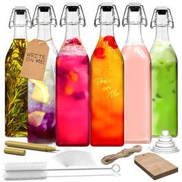 Nevlers - 33 Oz. Square Swing Top Glass Bottles with Bottle Brush, Funnel, Tags, Shrink Wrap and Marker (Set of 6) - Clear