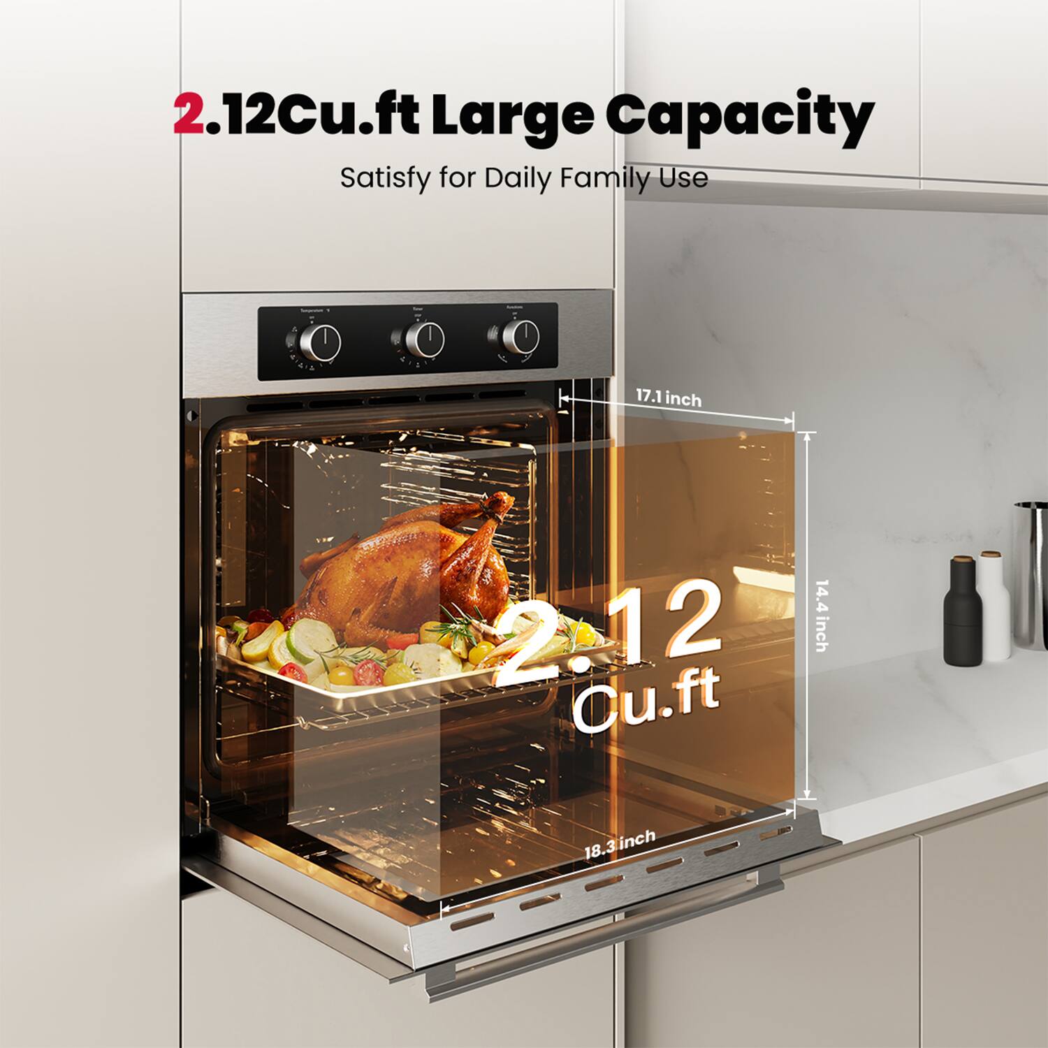 2.12Cu.ft Large Capacity
Satisfy for Daily Family Use
2.12 Cu.ft
17.1 inch
14.4 inch
18.3 inch