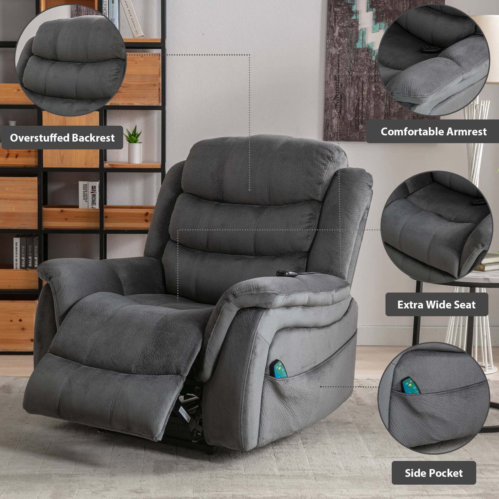 The text on the image is grouped and corrected as follows:

1. Overstuffed Backrest
2. Comfortable Armrest
3. Extra Wide Seat
4. Side Pocket