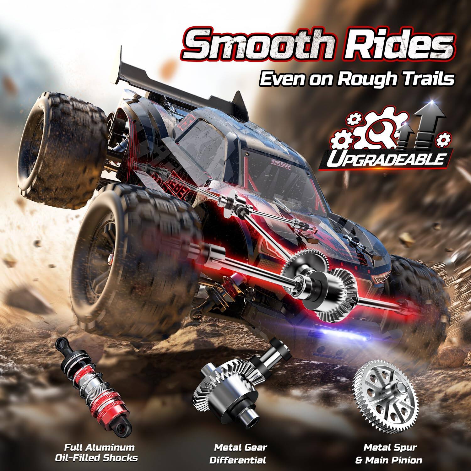 Smooth Rides Even on Rough Trails

DESPC UPGRADEABLE

Full Aluminum Oil-Filled Shocks

Metal Gear Differential

Metal Spur & Main Pinion