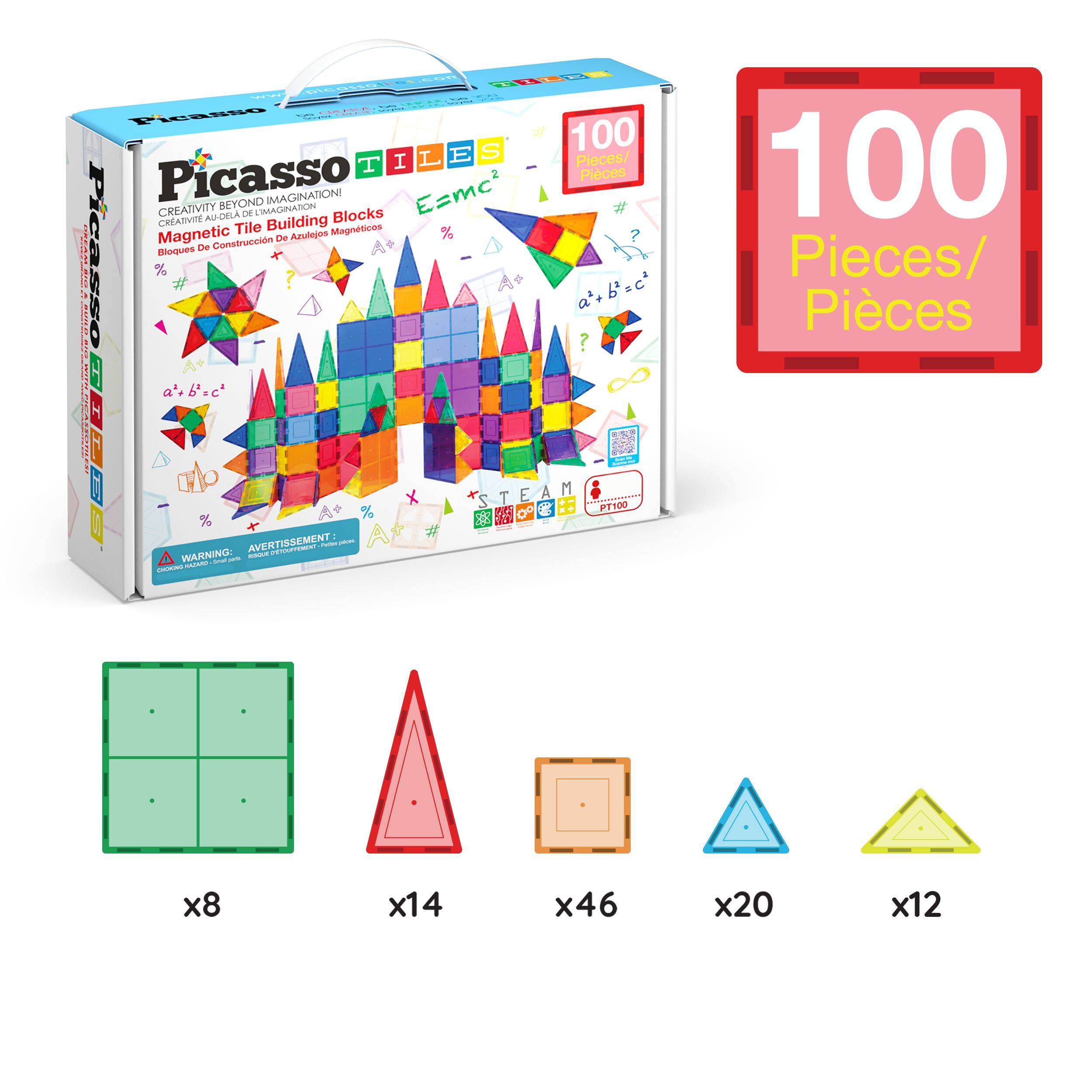 Picasso Tiles, Creativity Beyond Imagination, Magnetic Tile Building Blocks, 100 Pieces/Pieces, x8, x14, x46, x20, x12