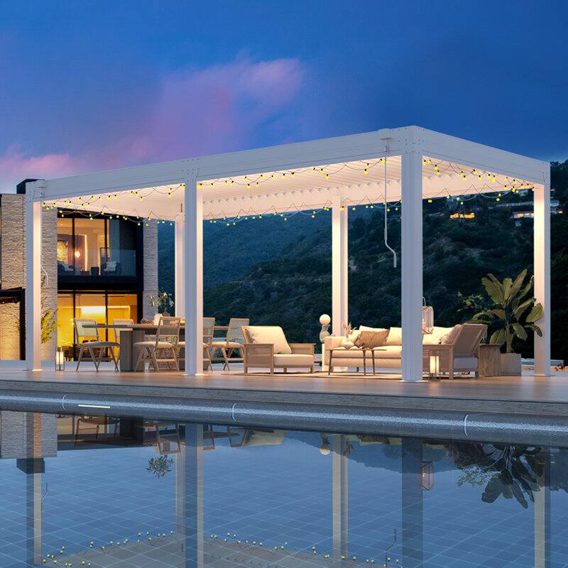 Angle. U-HOMY - 12x20 ft Outdoor Aluminum Pergola with Adjustable Rainproof Roof & Privacy Screens - White.