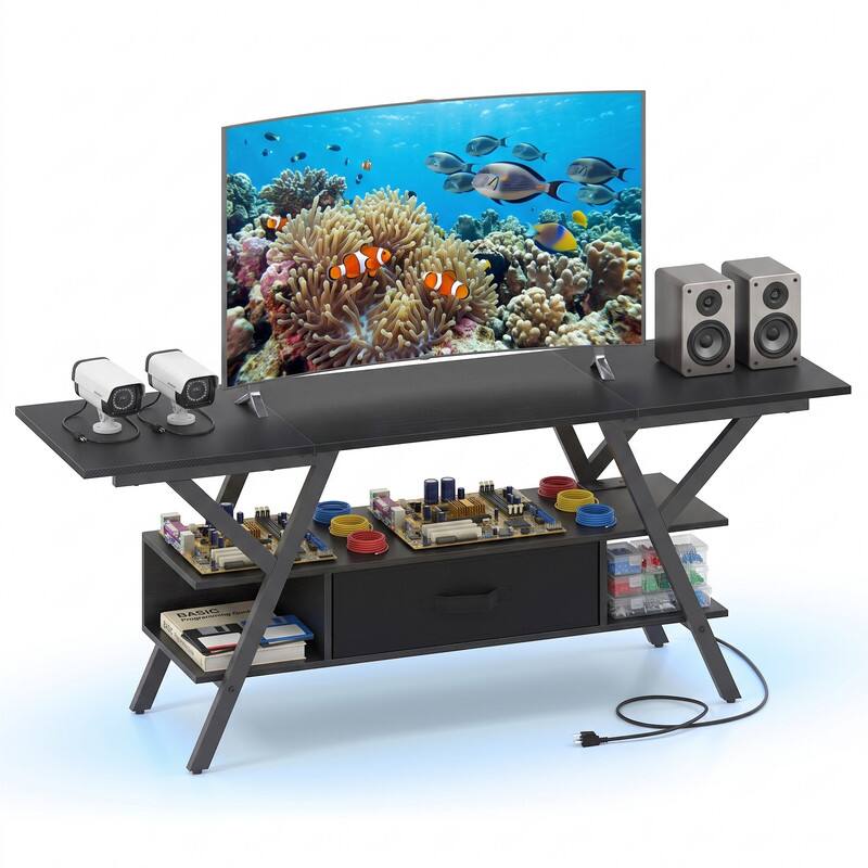 Alt View 5. WELLFOR - Modern TV Stand for 65 Inch TVs with Power Outlets, LED Entertainment Center Media Console for Living Room, Bedroom - Black.