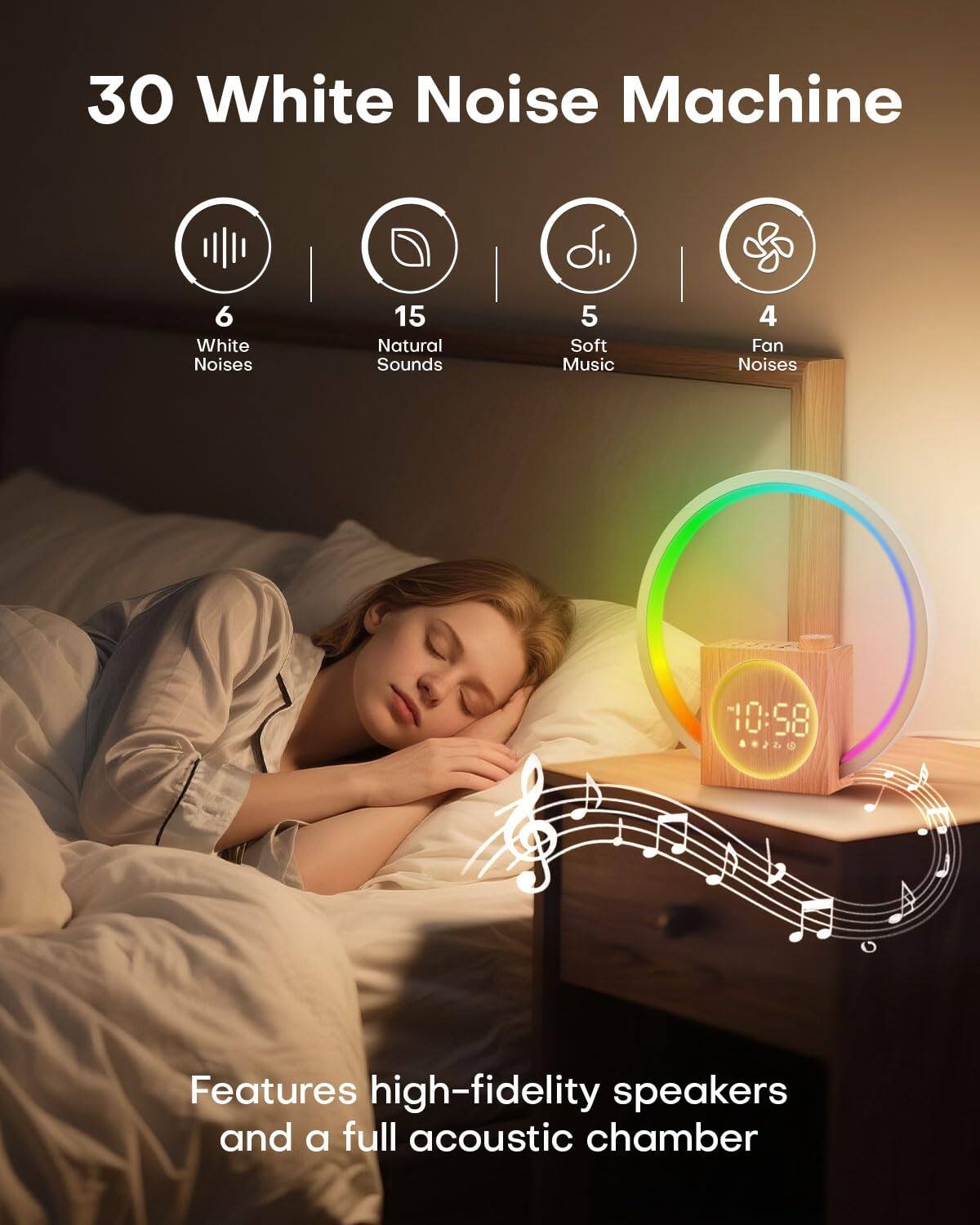 30 White Noise Machine  
6 White Noises  
15 Natural Sounds  
5 Soft Music  
4 Fan Noises  
10:58  

Features high-fidelity speakers and a full acoustic chamber