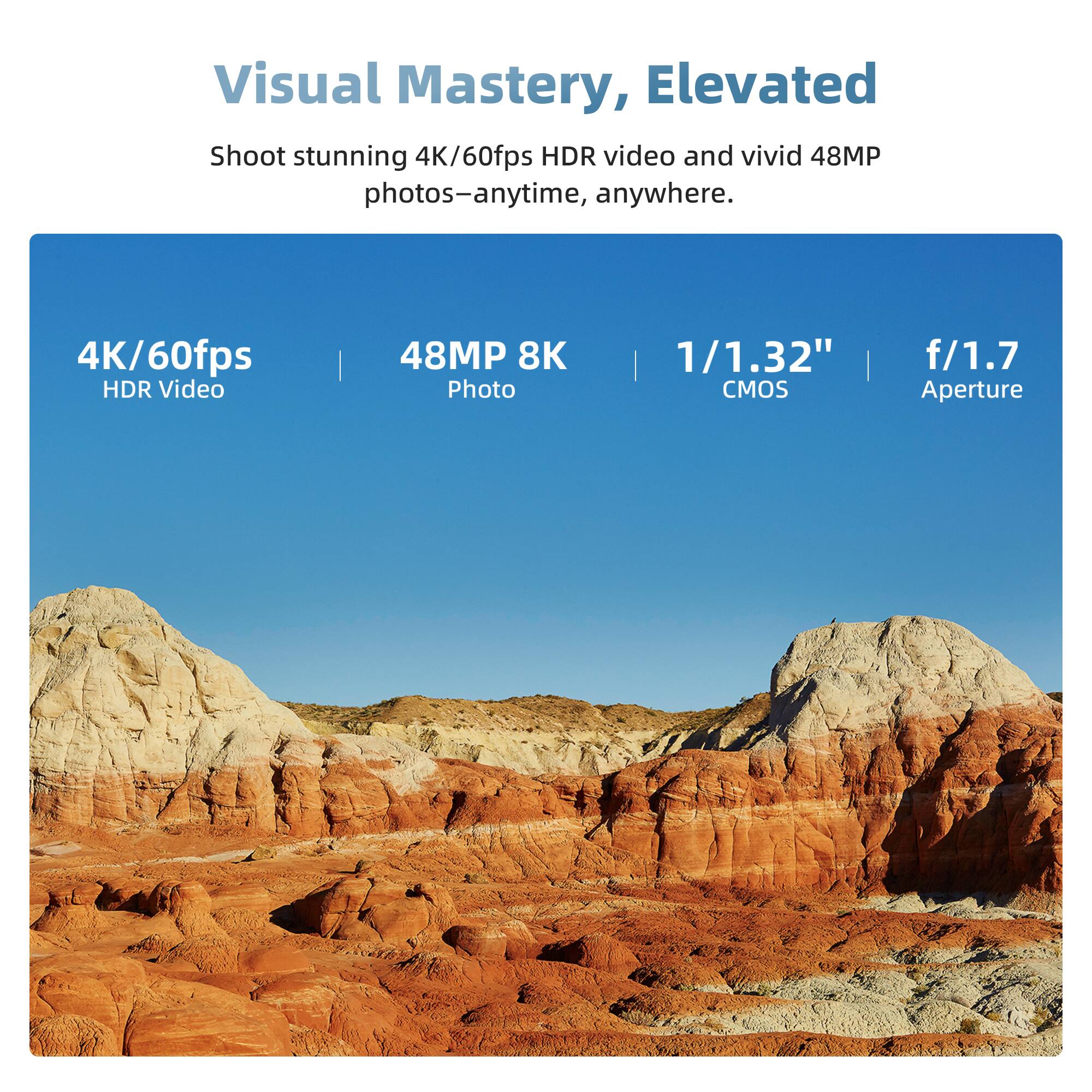 Visual Mastery, Elevated

Shoot stunning 4K/60fps HDR video and vivid 48MP photos—anytime, anywhere.

- 4K/60fps HDR Video
- 48MP 8K Photo
- 1/1.32" CMOS
- f/1.7 Aperture