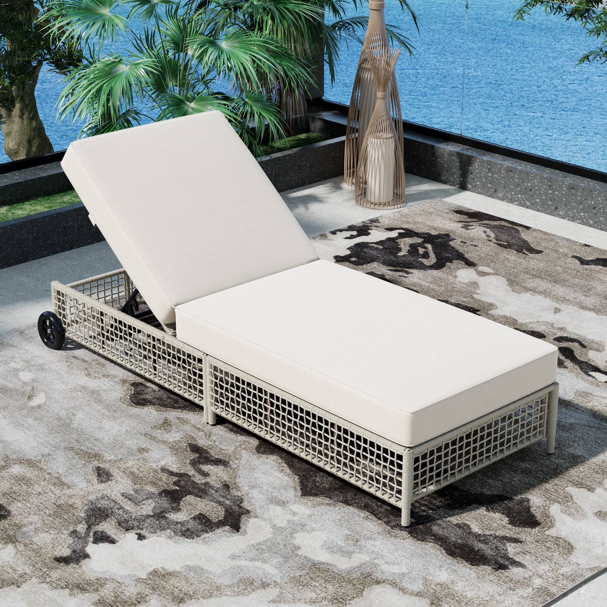 Angle. Mondawe - Outdoor Rattan Chaise Lounge Chair with Cushion and Wheels - Grey.