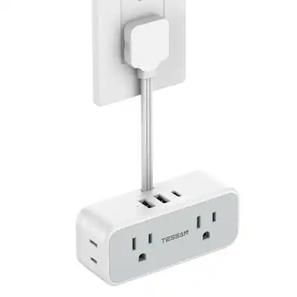 Front. TESSAN - 0.5Ft Short Flat Extension Cord Plug,Surge Protector small Power Strip with 4 Outlets and 3USB Ports(1USB C),Grey White - Grey White.