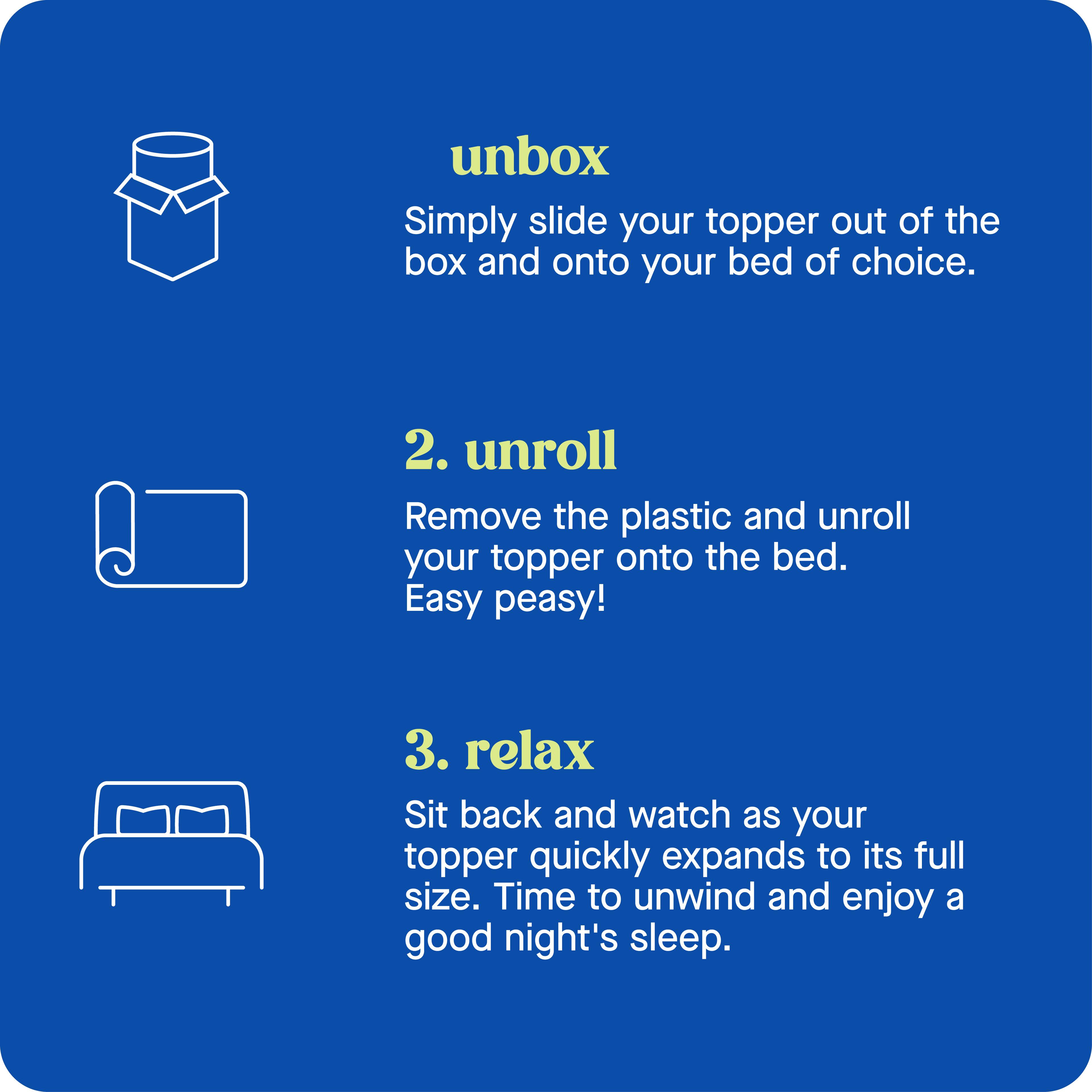 Unbox: Simply slide your topper out of the box and onto your bed of choice.

Unroll: Remove the plastic and unroll your topper onto the bed. Easy peasy!

Relax: Sit back and watch as your topper quickly expands to its full size. Time to unwind and enjoy a good night's sleep.