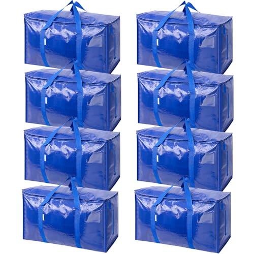 Front. ESBANY - 8 Pack Extra Large Moving Bags with Zippers & Carrying Handles, Heavy-Duty Storage Tote Moving Boxes for Space Saving (8 - ‎Blue-18 Gallon.