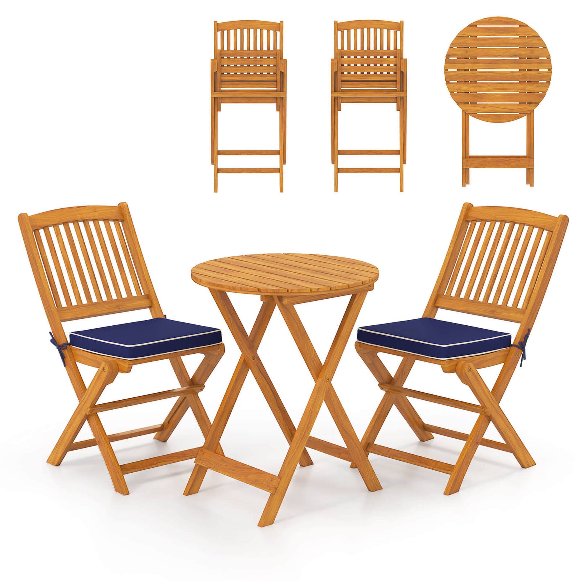 Alt View 9. Costway - 3 PCS Acacia Wood Patio Bistro Set Folding Table & Chairs Set with Cushions - Natural,Navy.
