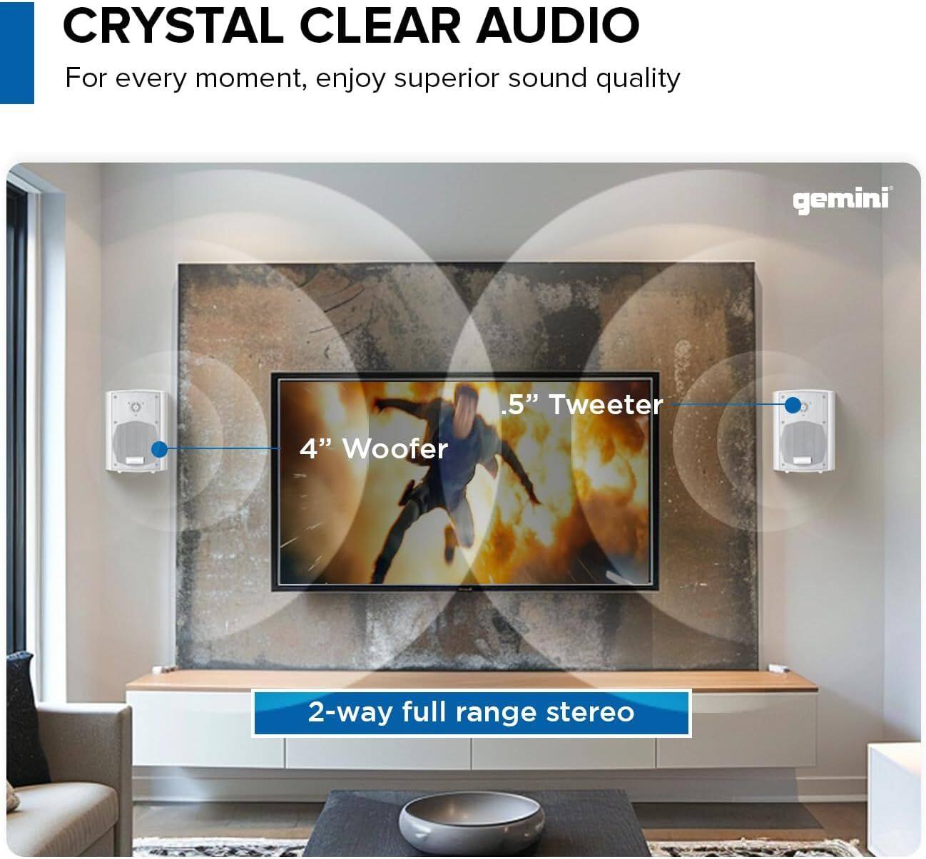 CRYSTAL CLEAR AUDIO  
For every moment, enjoy superior sound quality  
gemini  
4" Woofer  
.5" Tweeter  
2-way full range stereo