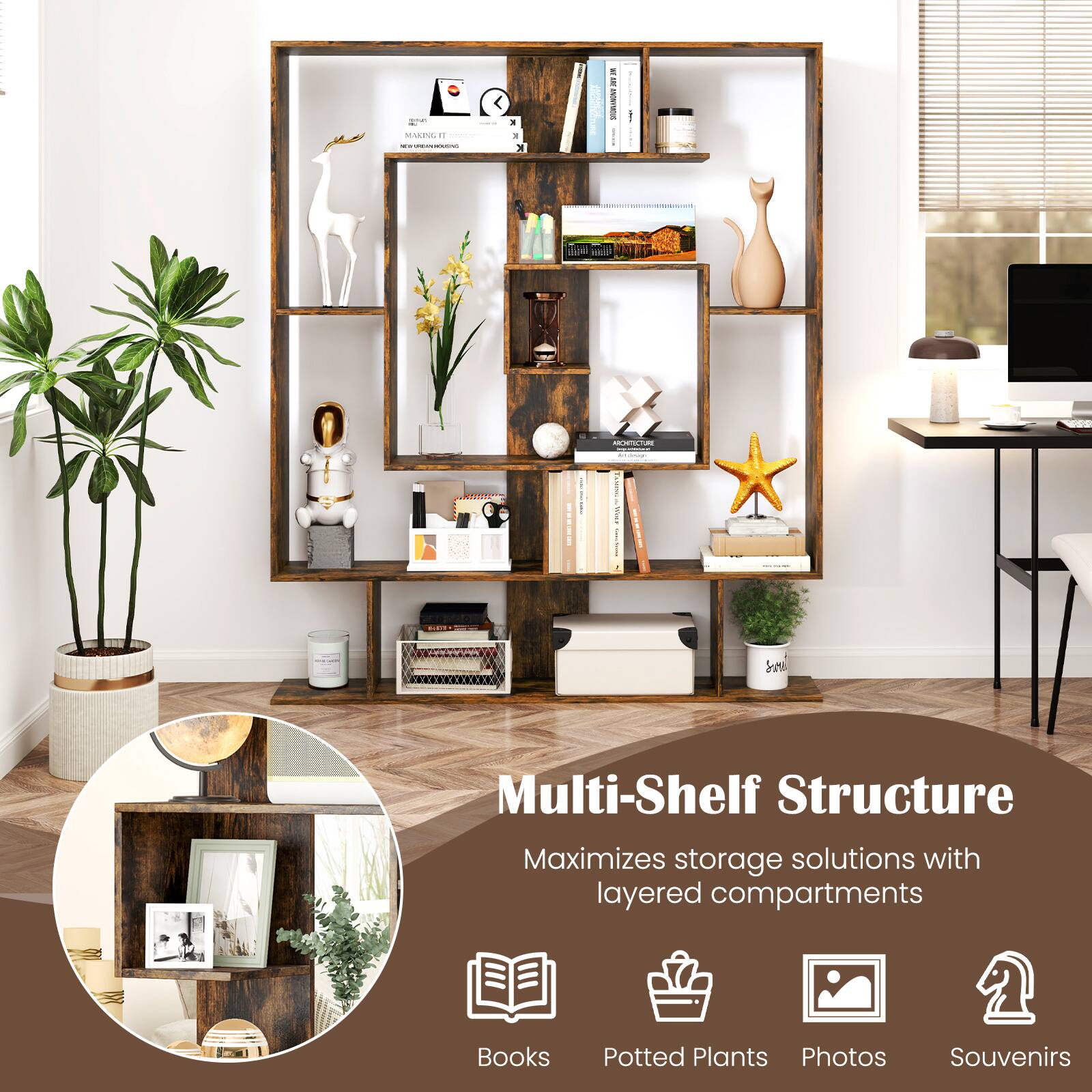 The text on the image is already grouped and correctly written. The text reads: "Multi-Shelf Structure Maximizes storage solutions with layered compartments. 2 Books, Potted Plants, Photos, Souvenirs."