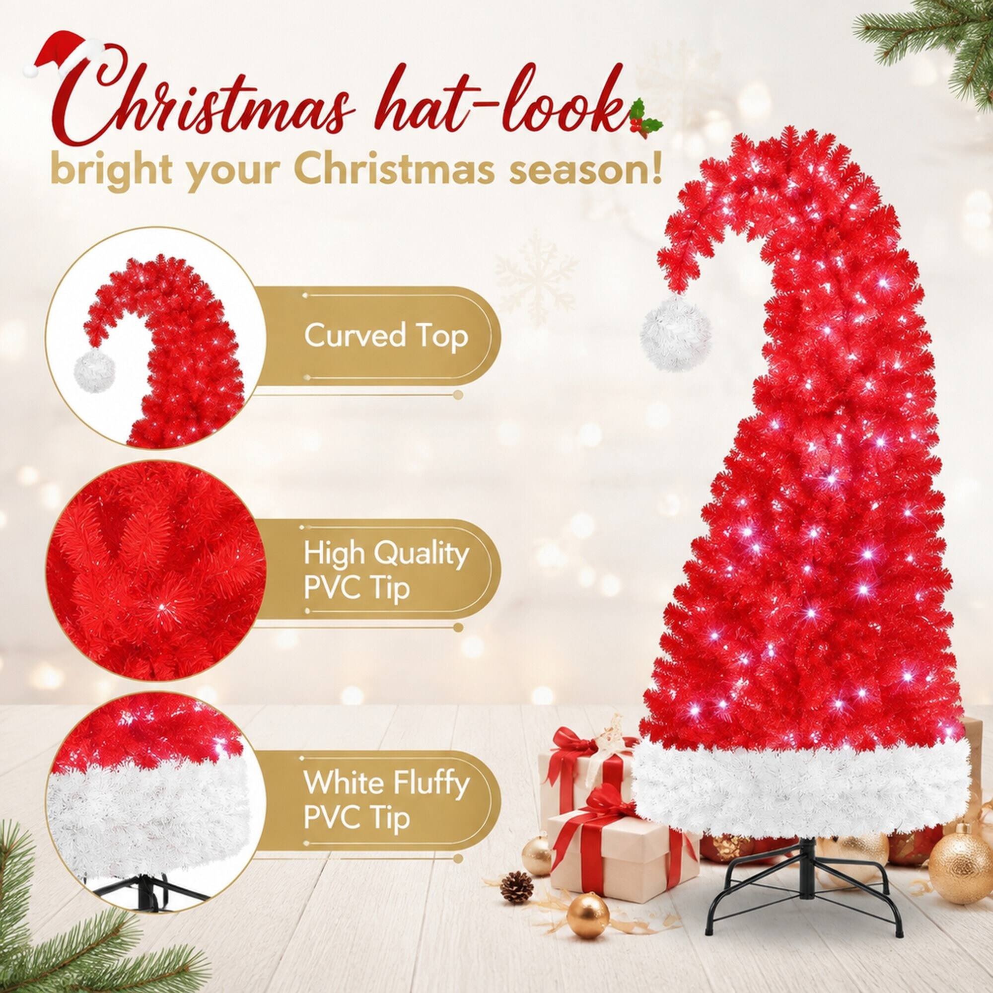 Christmas hat-look bright your Christmas season!

- Curved Top
- High Quality PVC Tip
- White Fluffy PVC Tip