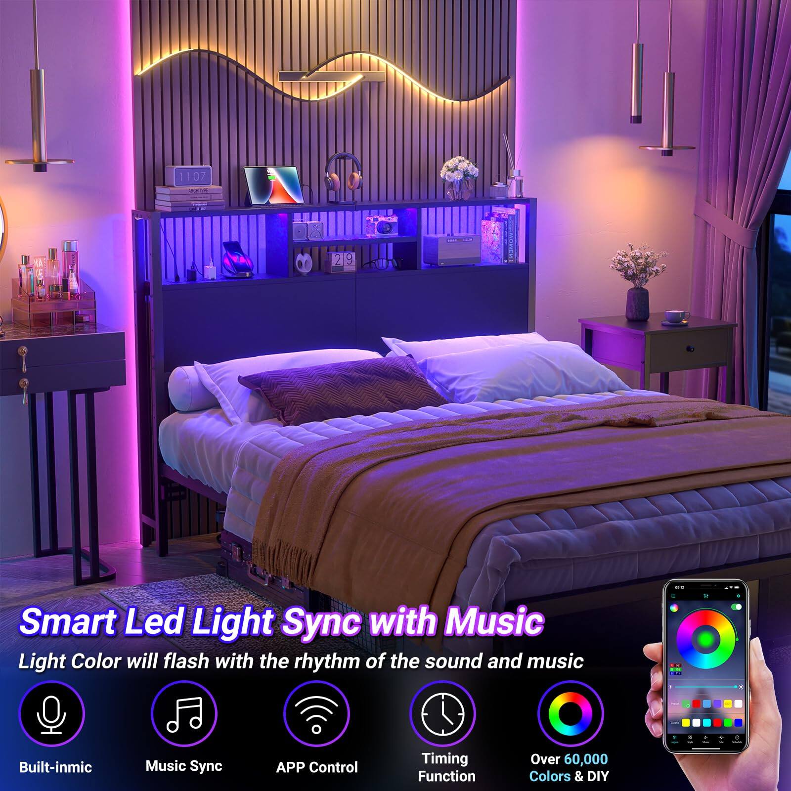 Smart Led Light Sync with Music  
Light Color will flash with the rhythm of the sound and music  

- Built-in mic  
- Music Sync  
- APP Control  
- Timing Function  
- Over 60,000 Colors & DIY