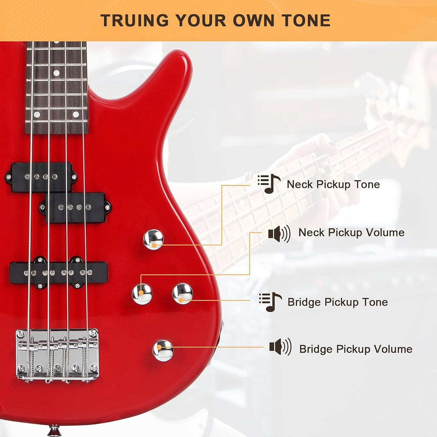 TRUING YOUR OWN TONE  
Neck Pickup Tone  
Neck Pickup Volume  
Bridge Pickup Tone  
Bridge Pickup Volume