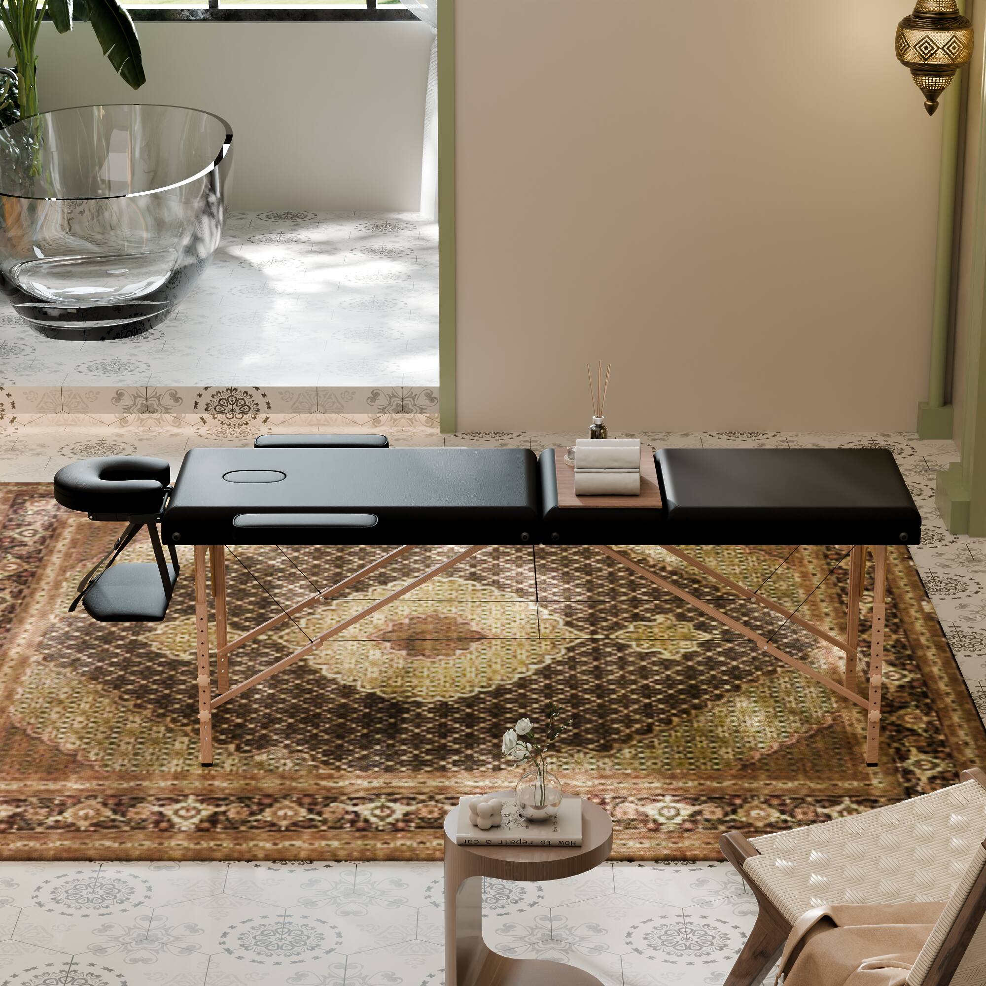 Angle. Famapy - Foldable Portable Massage Table with Adjustable Headrest & Backrest, Sturdy 550 lbs Support, Space-Saving Design - Black & Wooden.