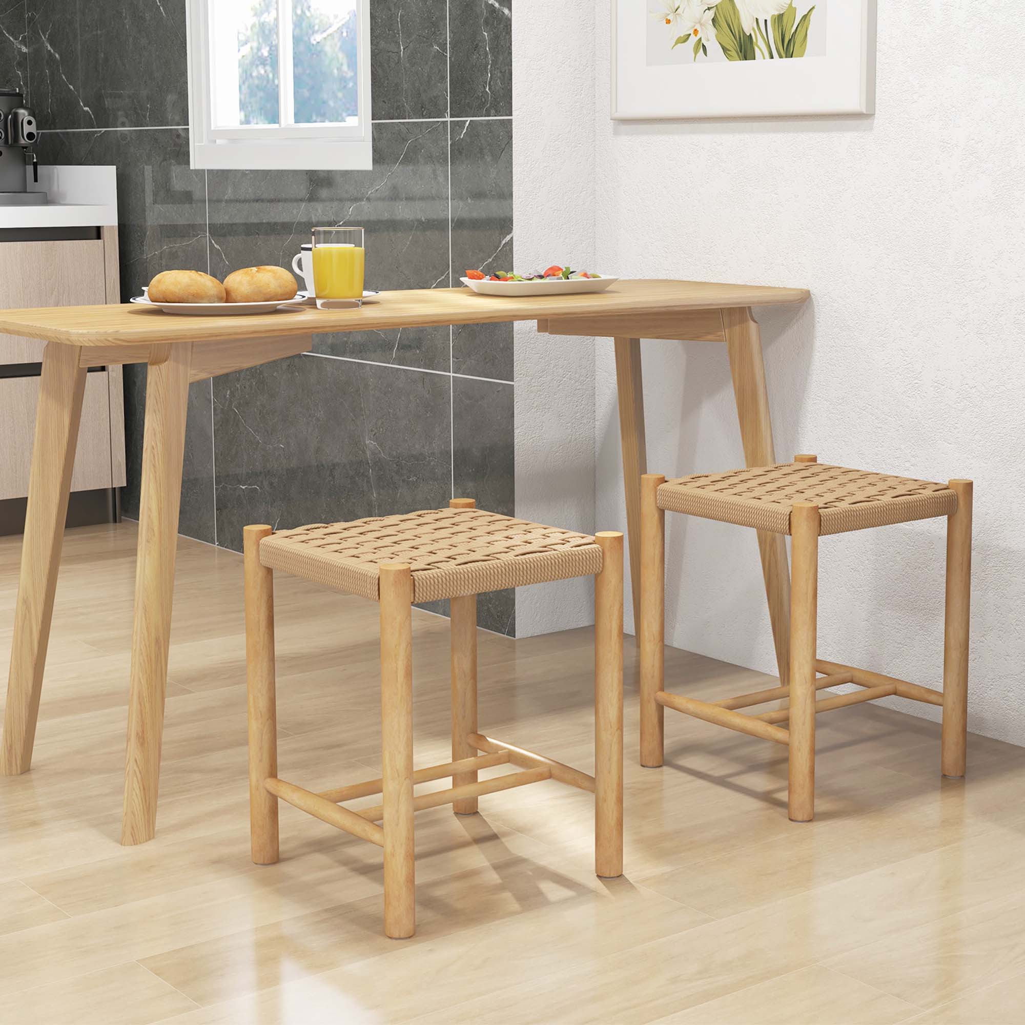 Alt View 3. Costway - Dining Stool Set of 4 18" Backless with Rubber Wood Frame Woven Paper Seat Kitchen - Natural.